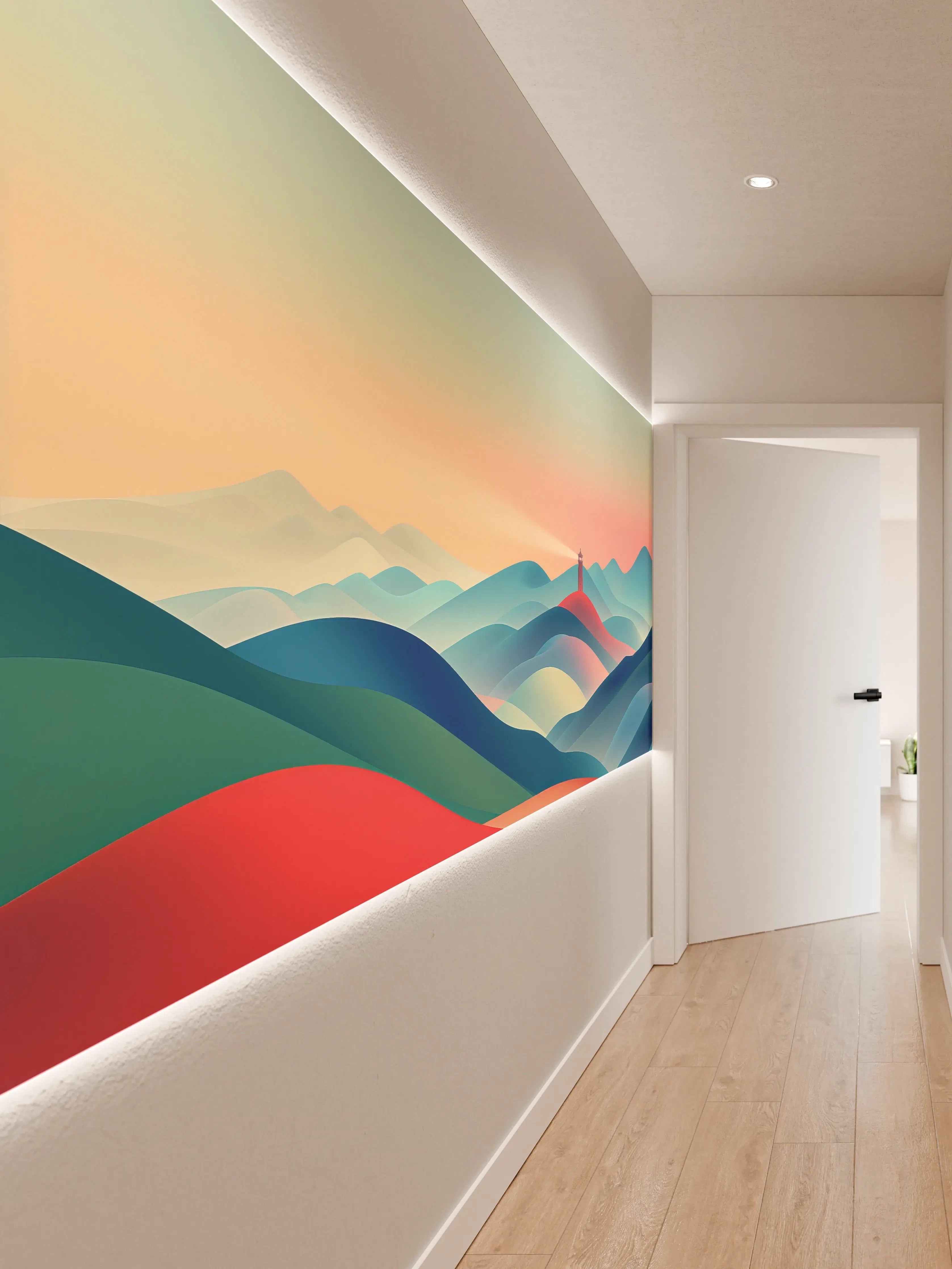 Wandverkleidung Flur - Bunte abstrakte Landschaft mit Leuchtturm
