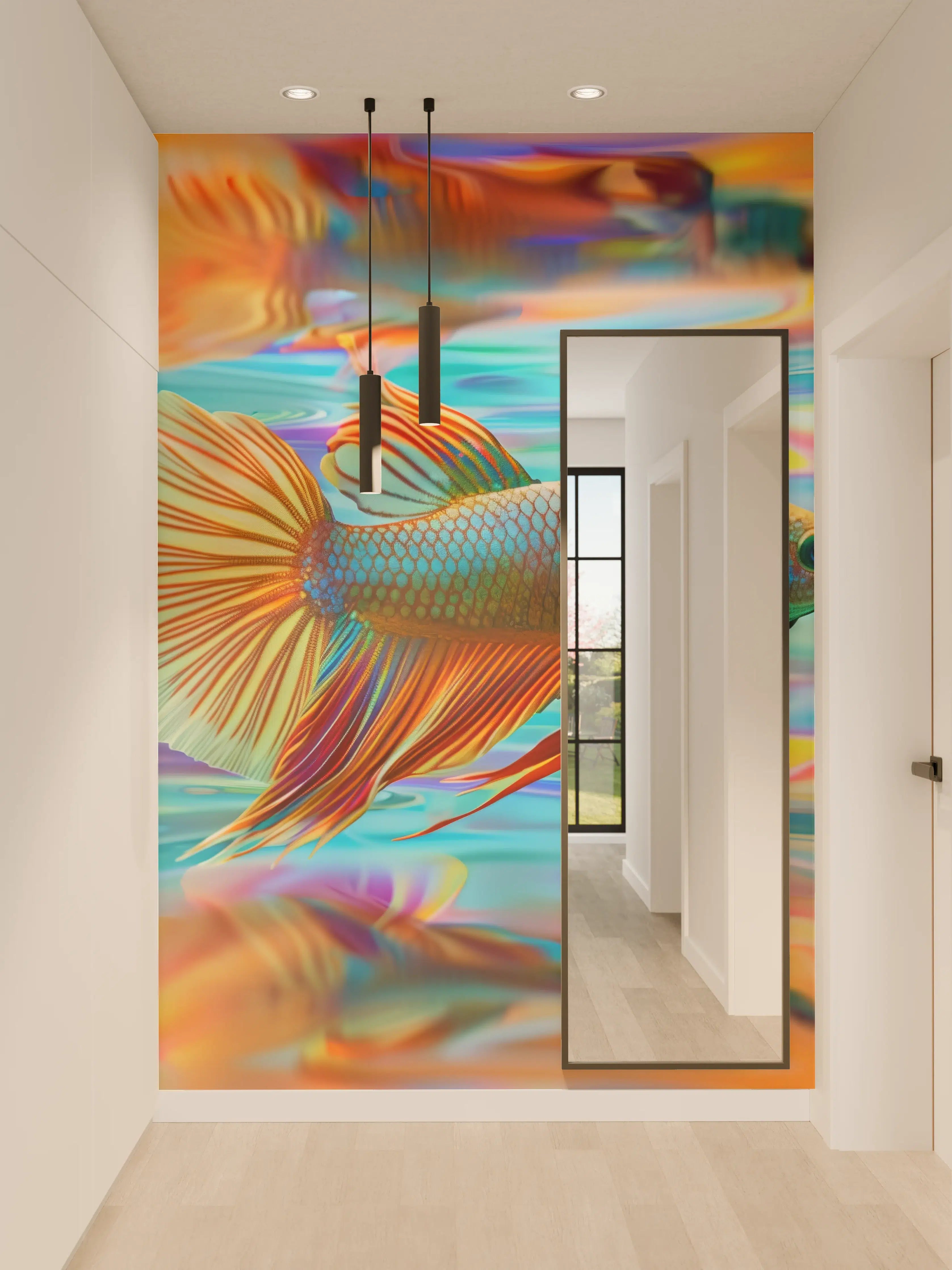 Wandverkleidung Flur - Bunter Betta-Fisch Türkis-Orange