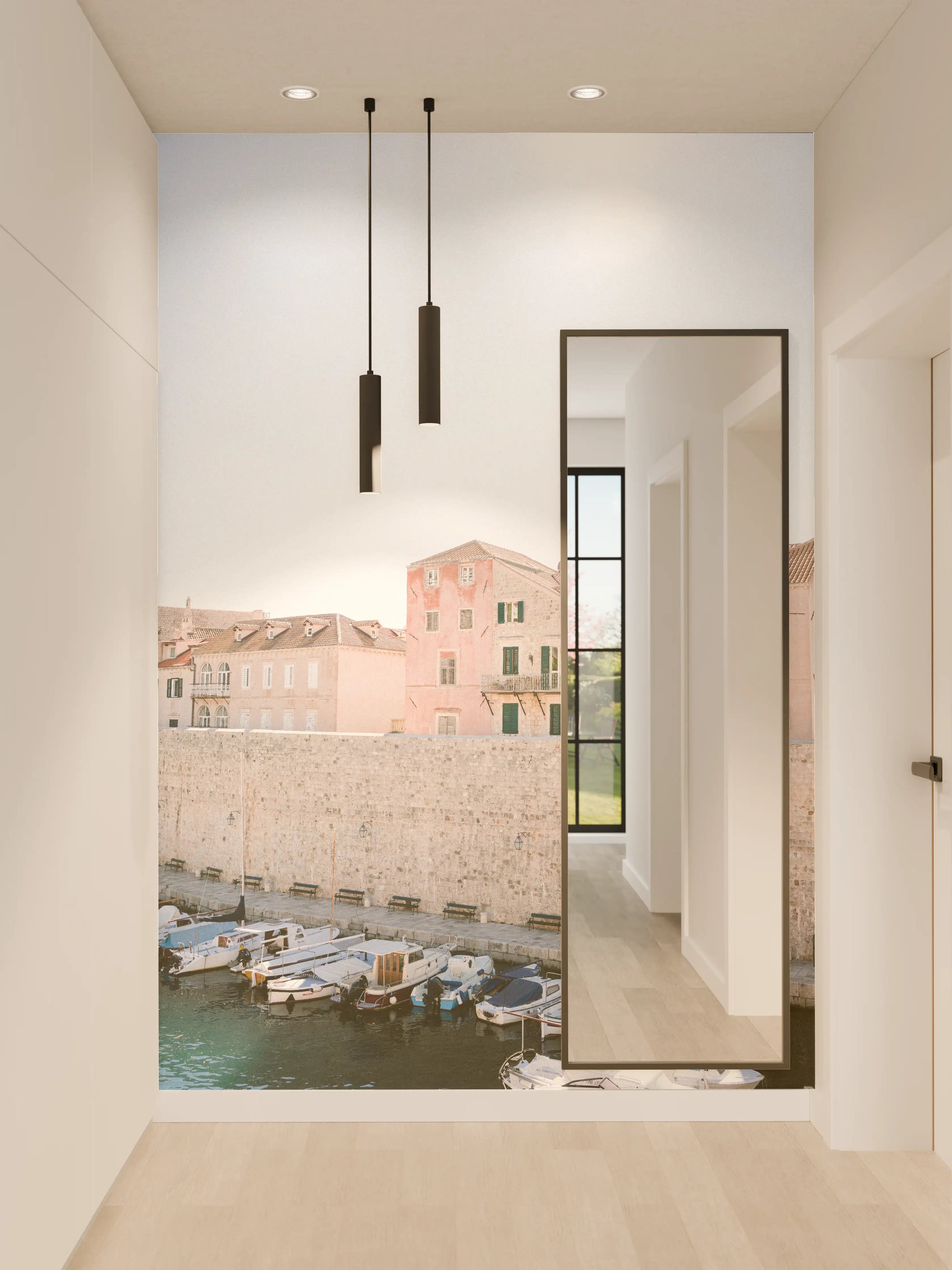 Wandverkleidung Flur - Charmantes Hafenbild in Pastellfarben