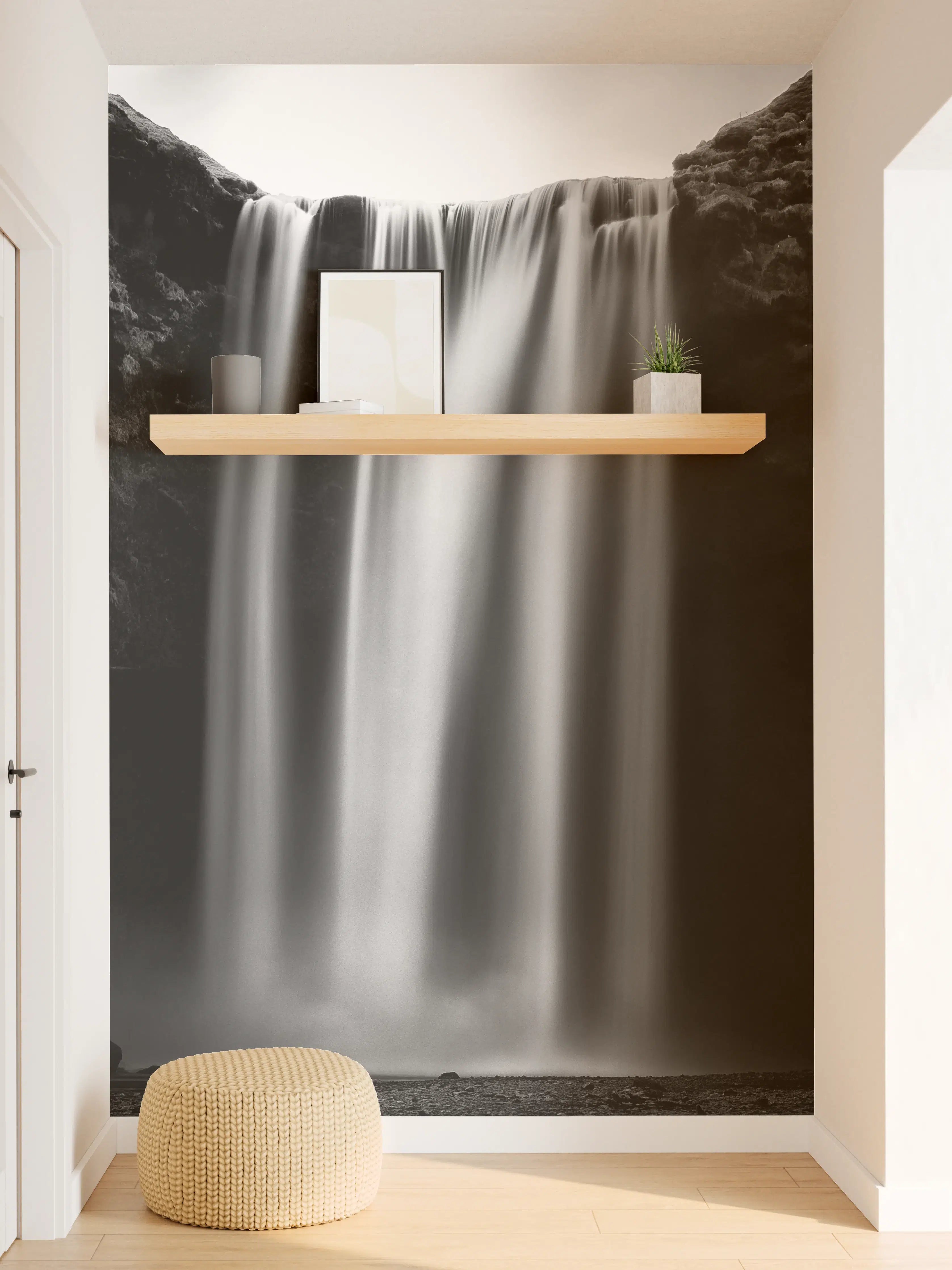Wandverkleidung Flur - Dauerhafte Schönheit eines Wasserfalls in Schwarz-Weiß