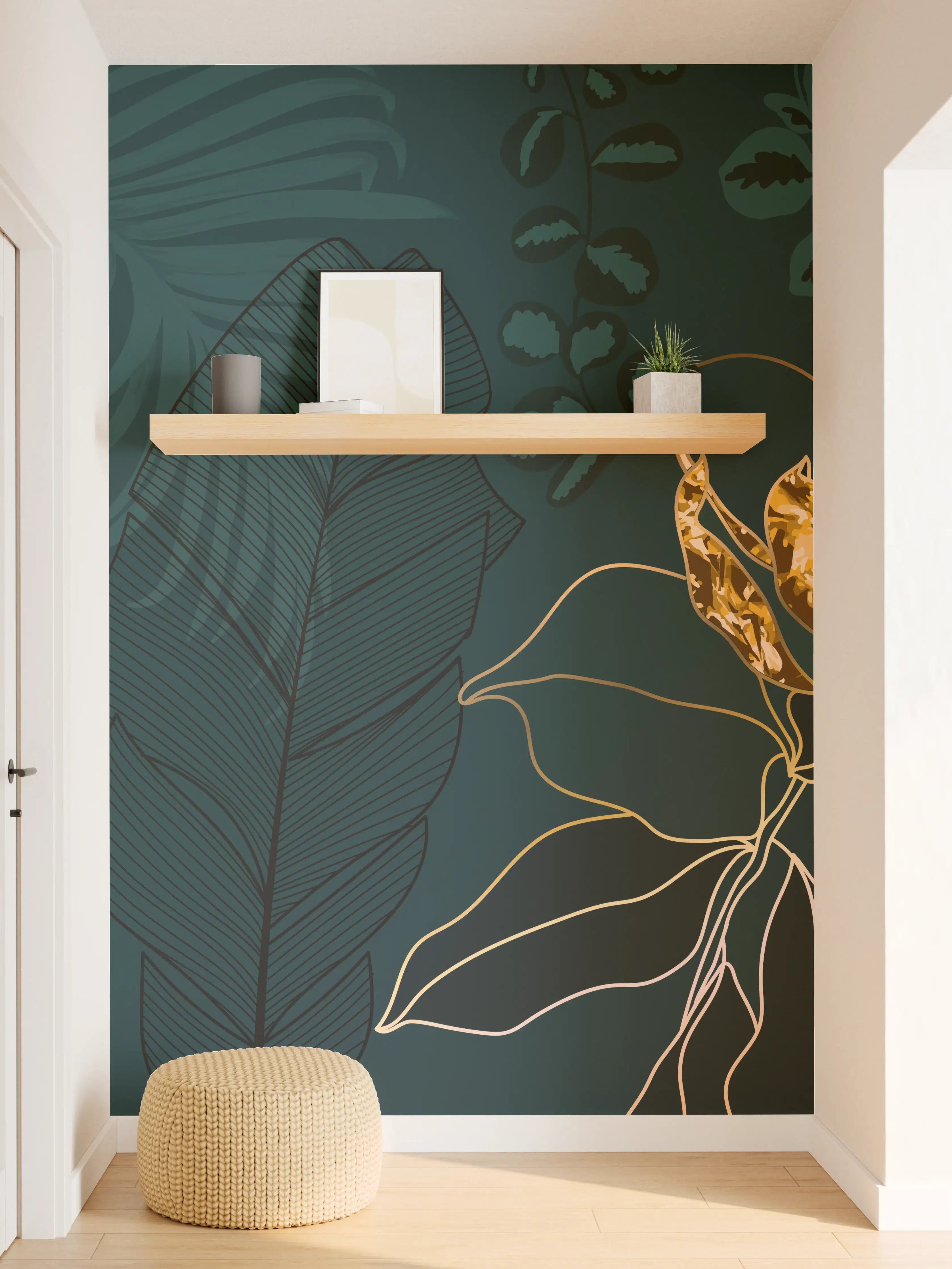 Wandverkleidung Flur - Dschungel-Blatt-Gold-Linie