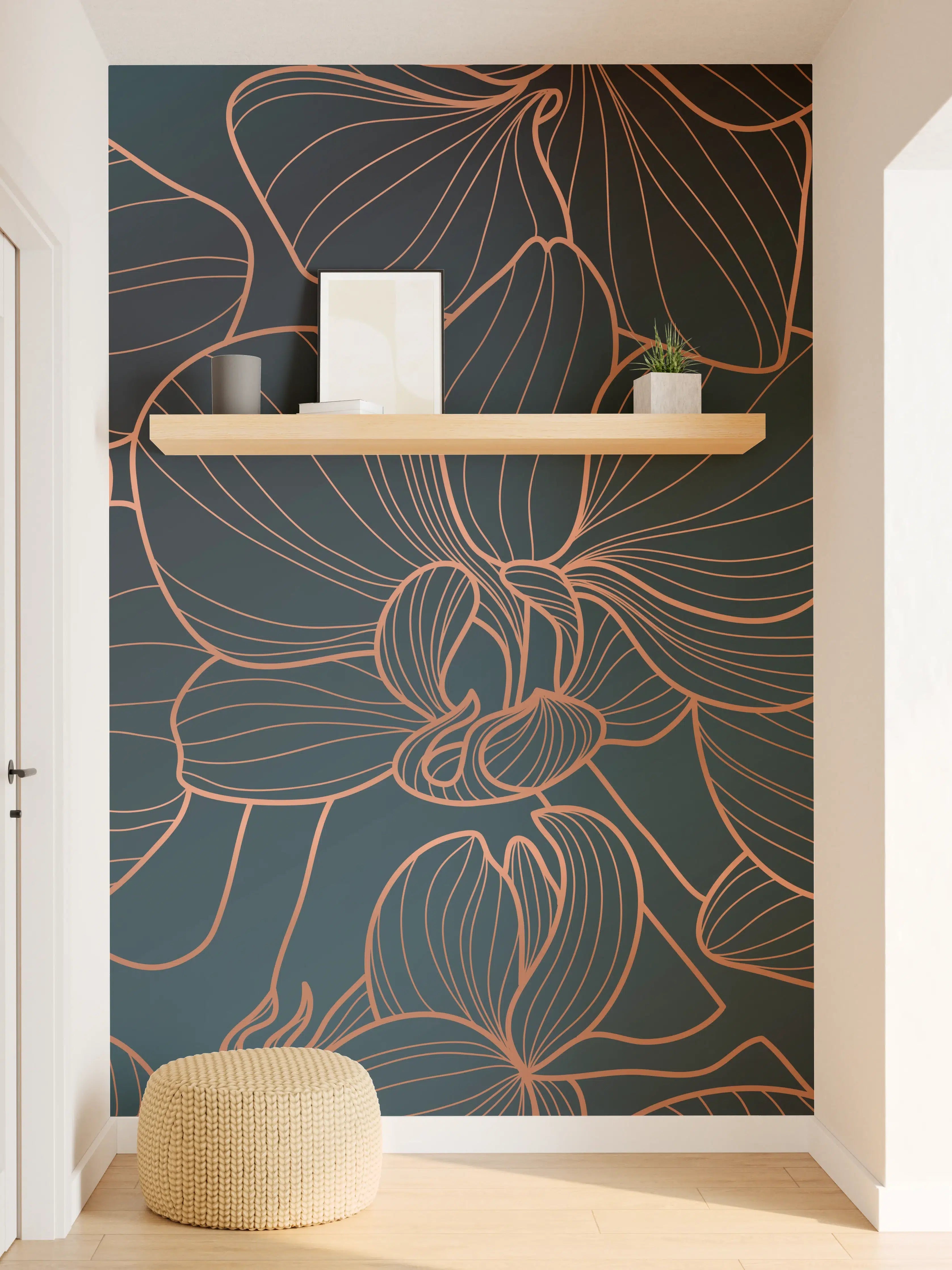 Wandverkleidung Flur - Dunkelblaue Floral Linien Kunst