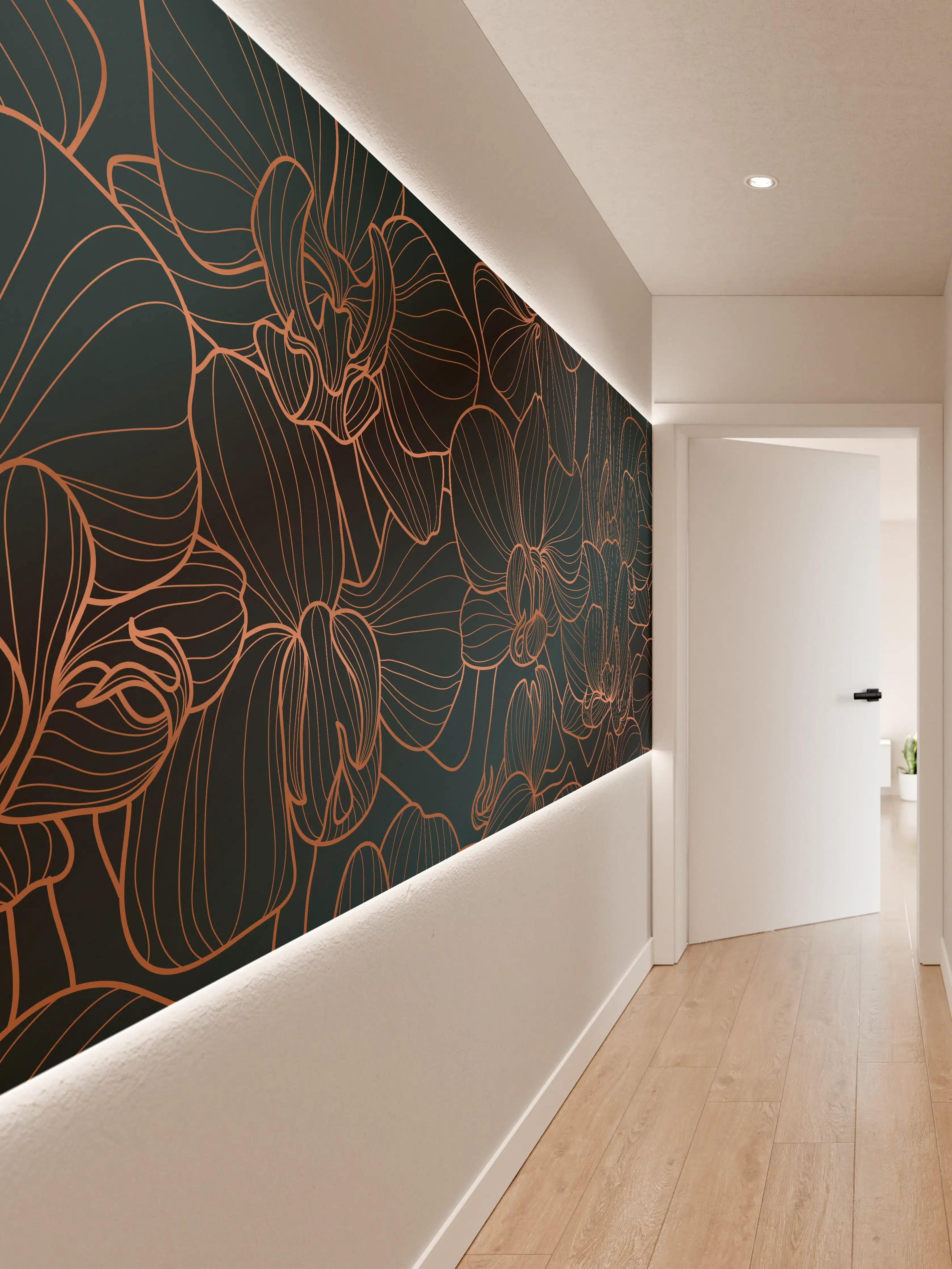 Wandverkleidung Flur - Dunkelblaue Floral Linien Kunst