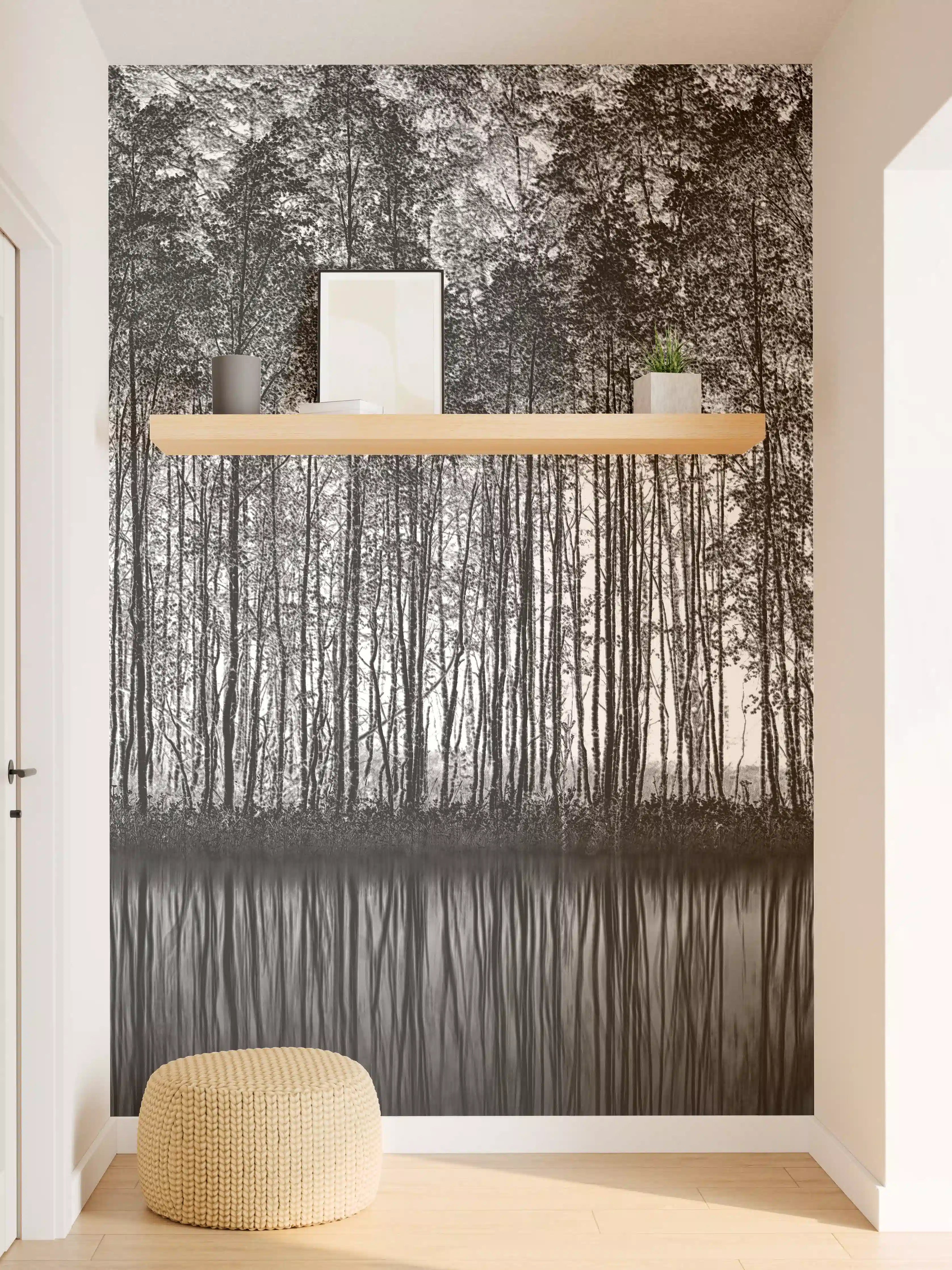 Wandverkleidung Flur - Dunkler Waldsee im Morgengrauen