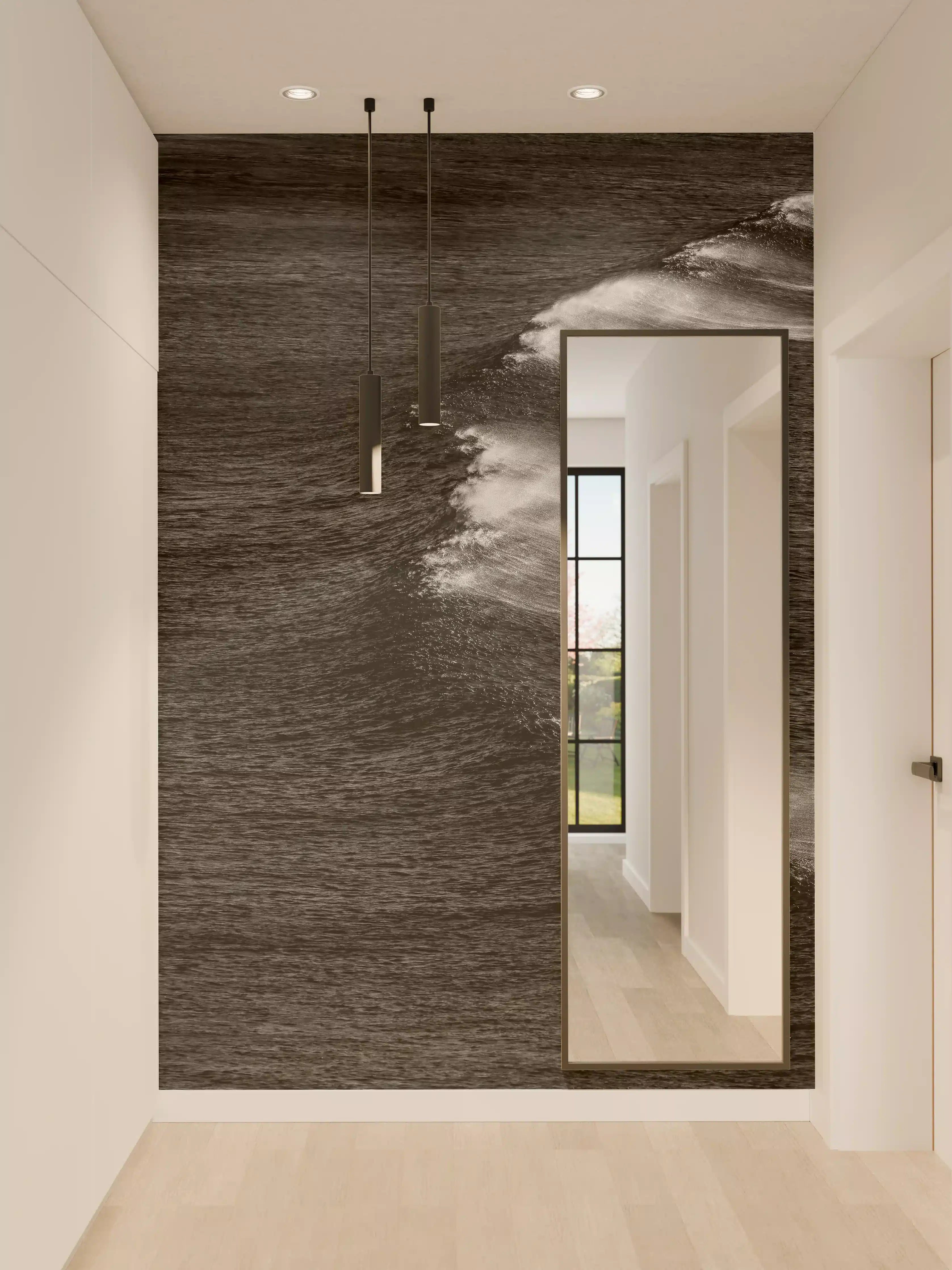 Wandverkleidung Flur - Dynamische Wellen im schwarzen Wasser