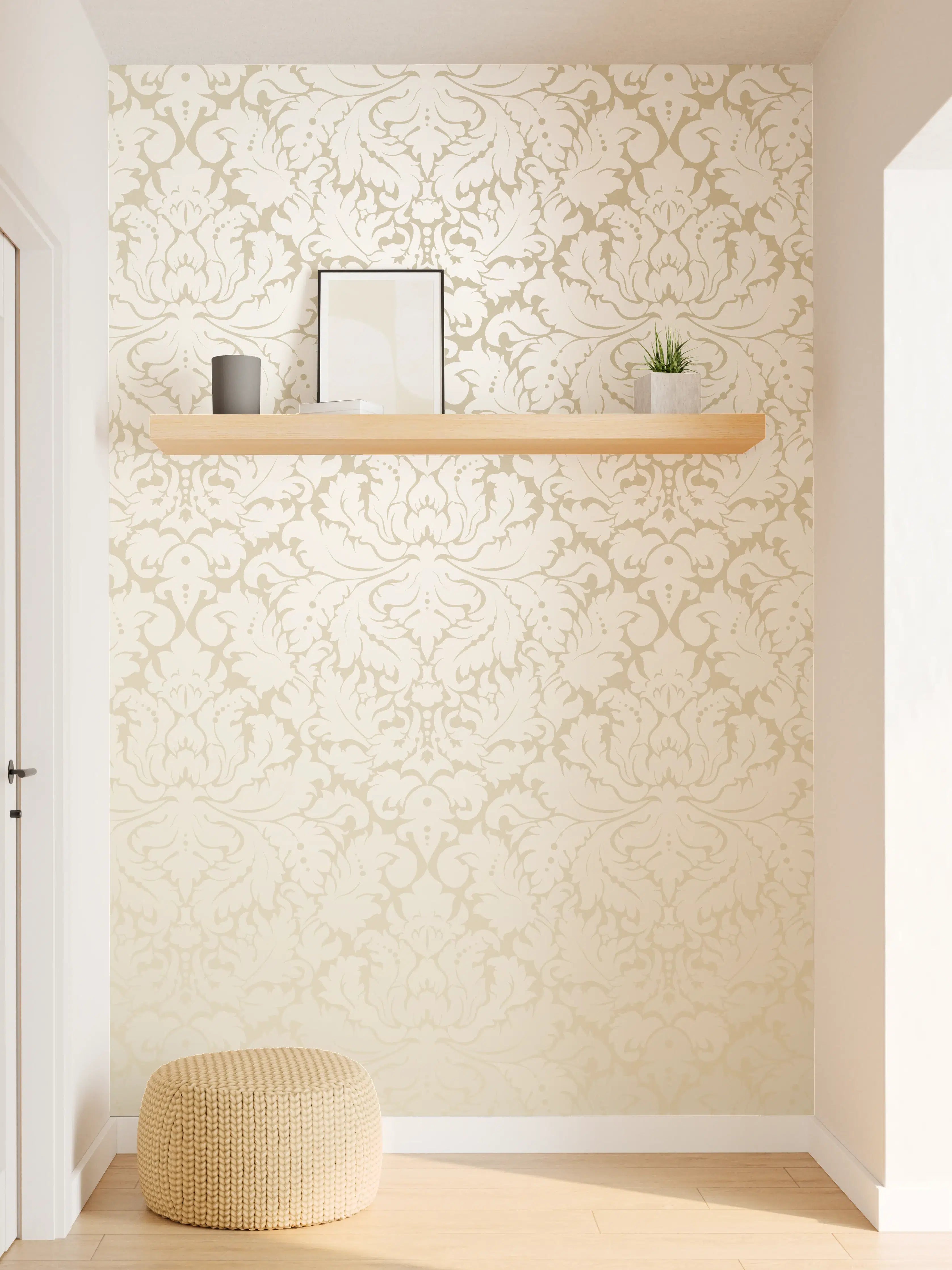 Wandverkleidung Flur - Edle Creme-Gold Damast-Tapete
