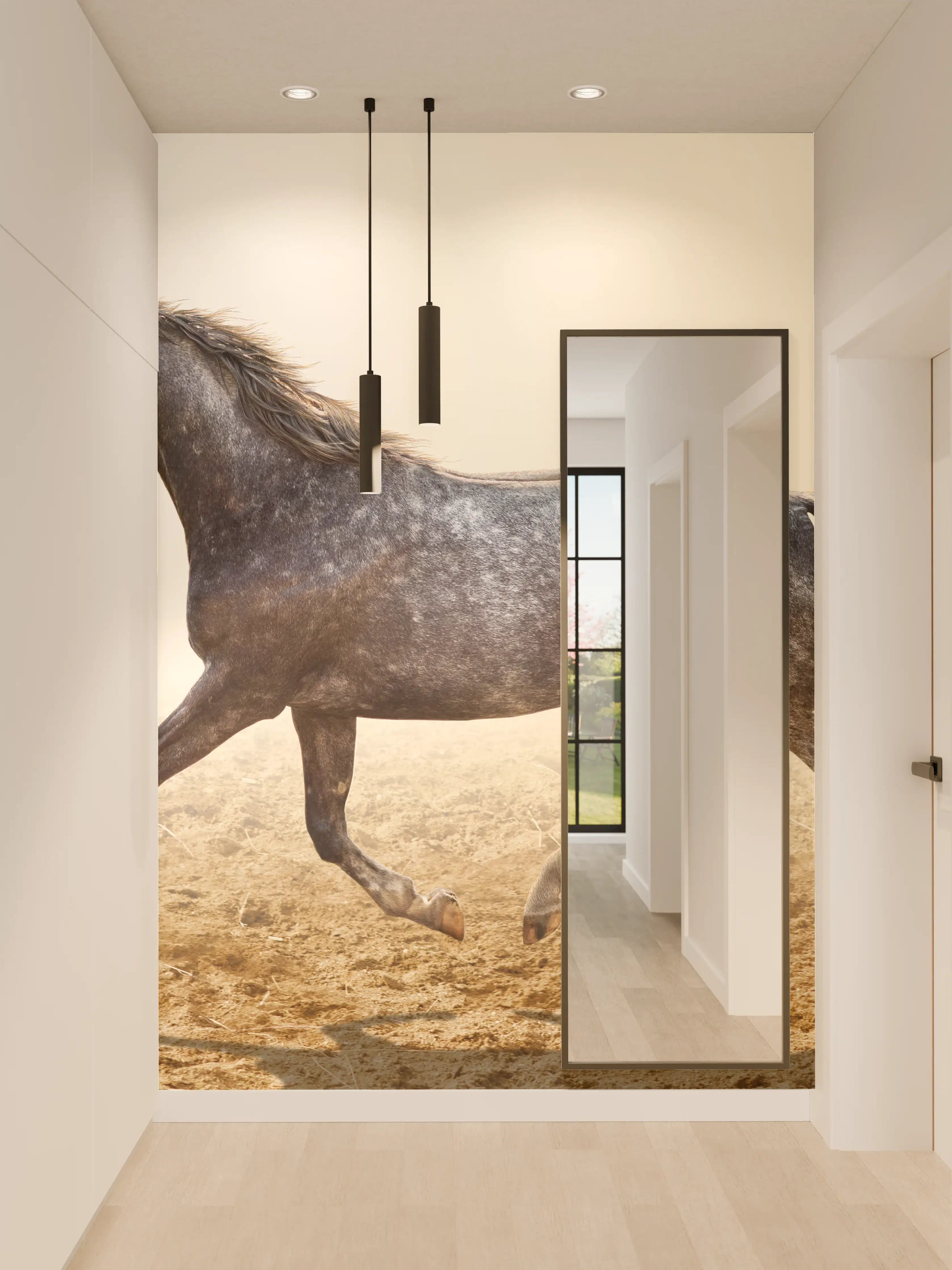 Wandverkleidung Flur - Ein graues Pferd reitend auf einem Feld