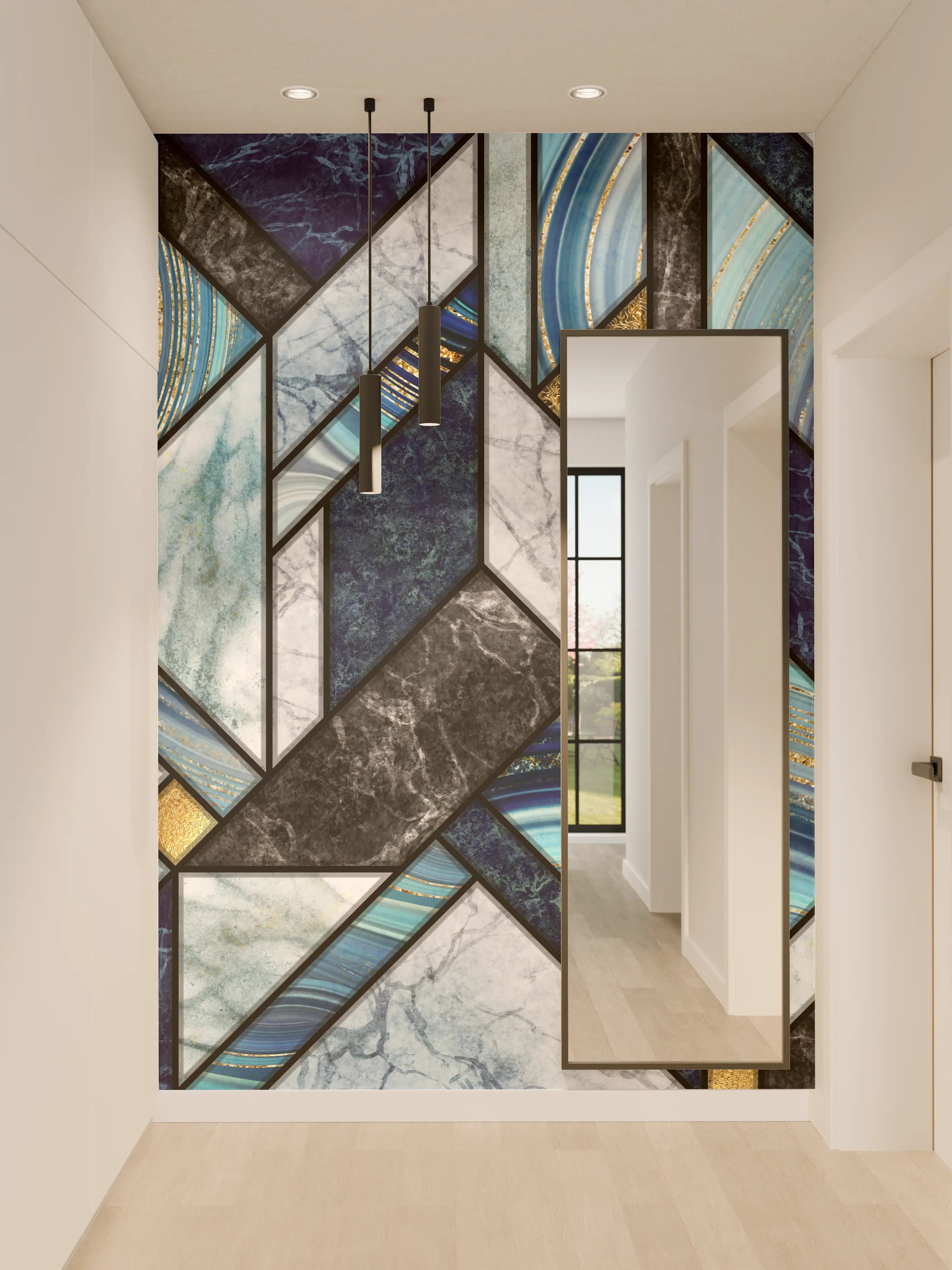 Wandverkleidung Flur - Elegant Marmor-Design in Blau und Gold