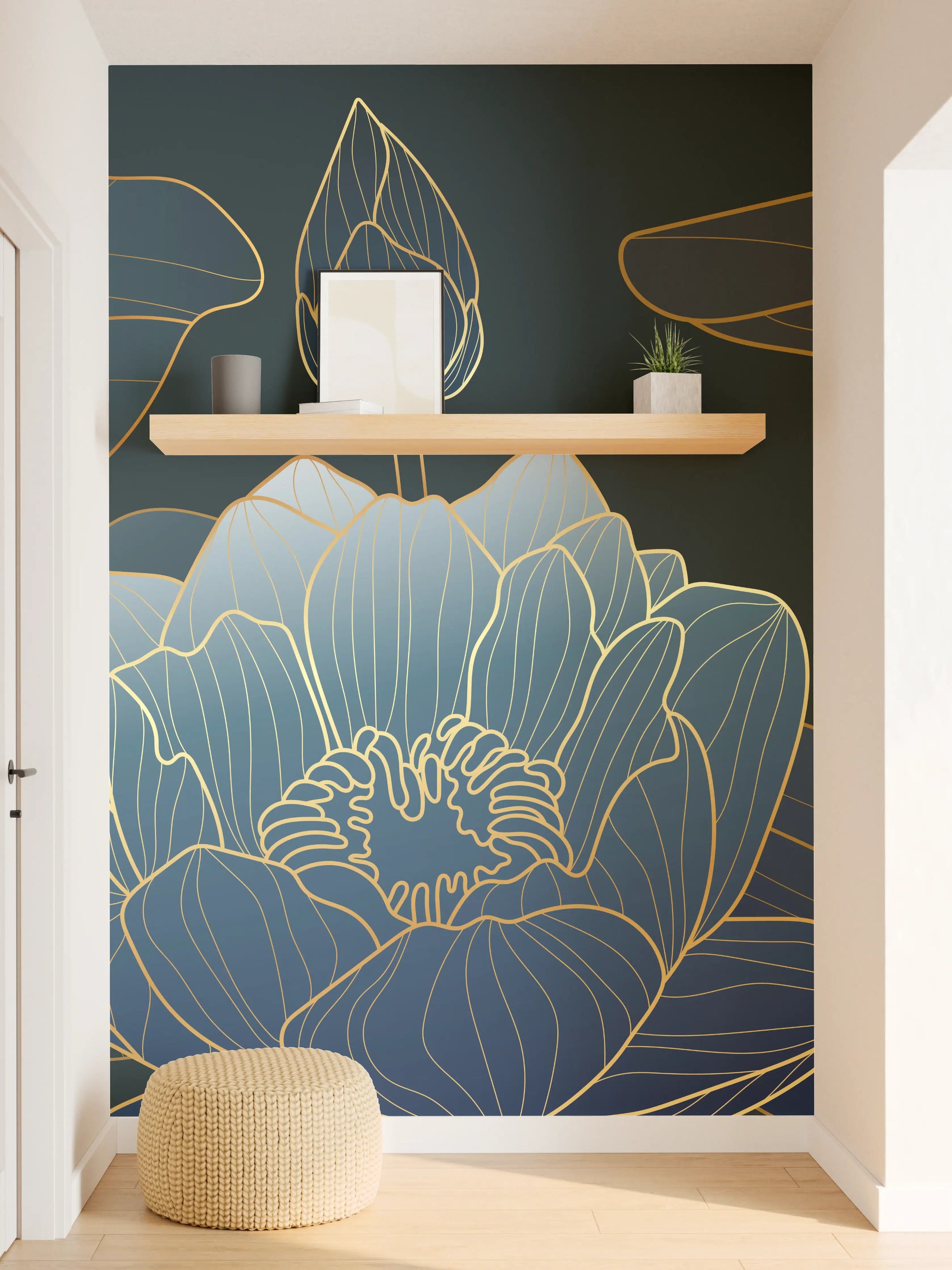 Wandverkleidung Flur - Elegante Blau-Weiße Blumenillustration