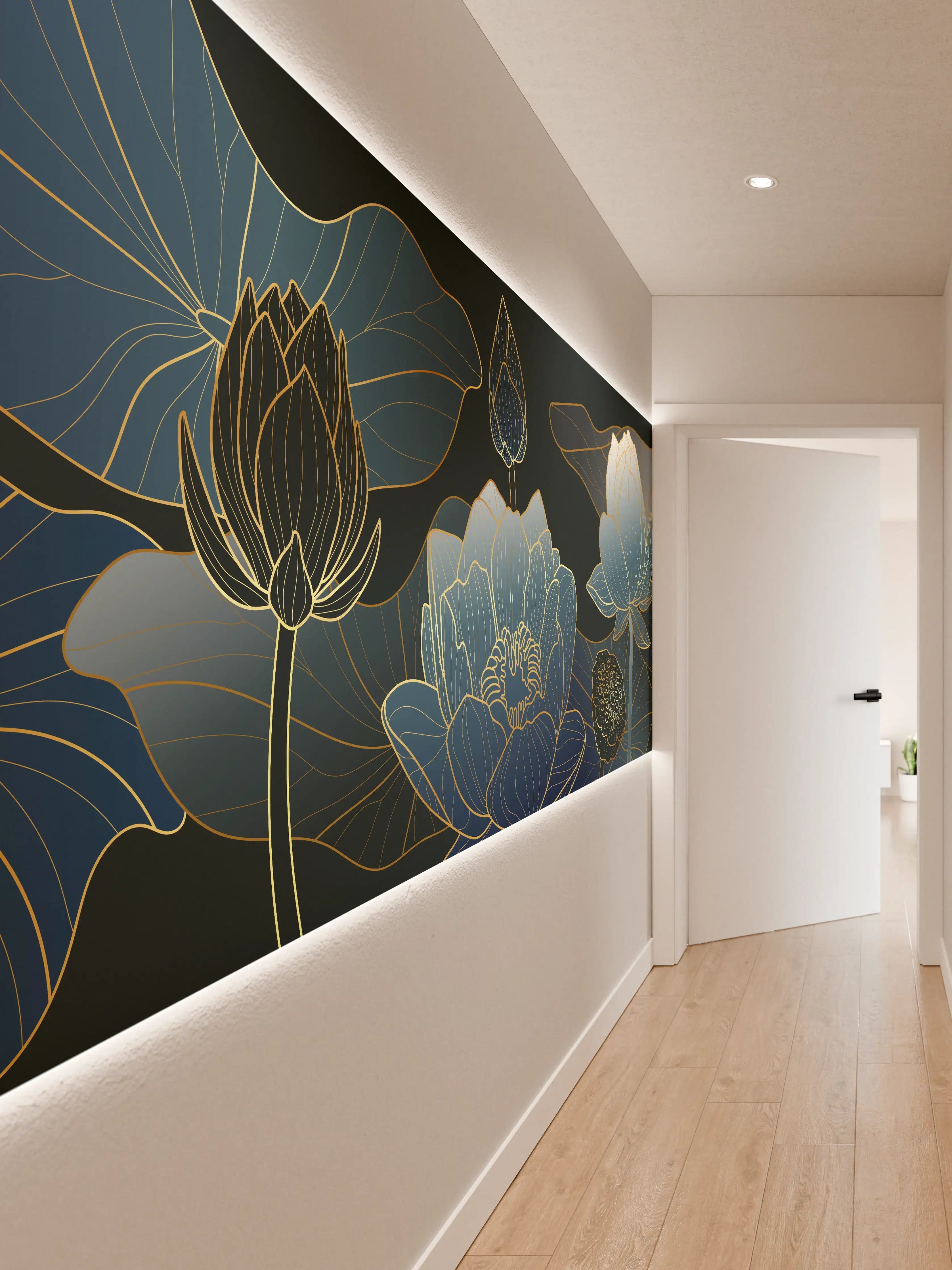 Wandverkleidung Flur - Elegante Blau-Weiße Blumenillustration