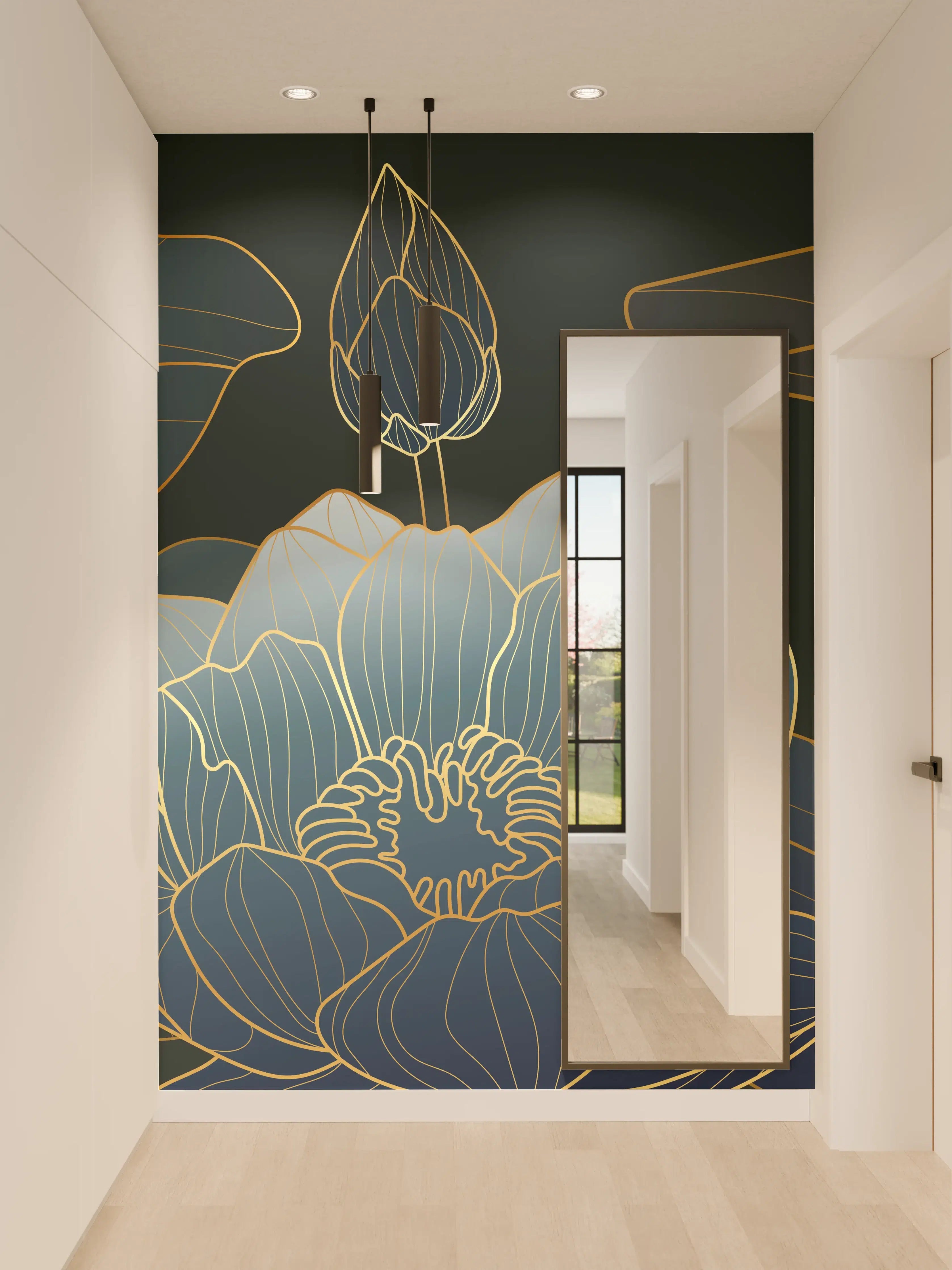 Wandverkleidung Flur - Elegante Blau-Weiße Blumenillustration
