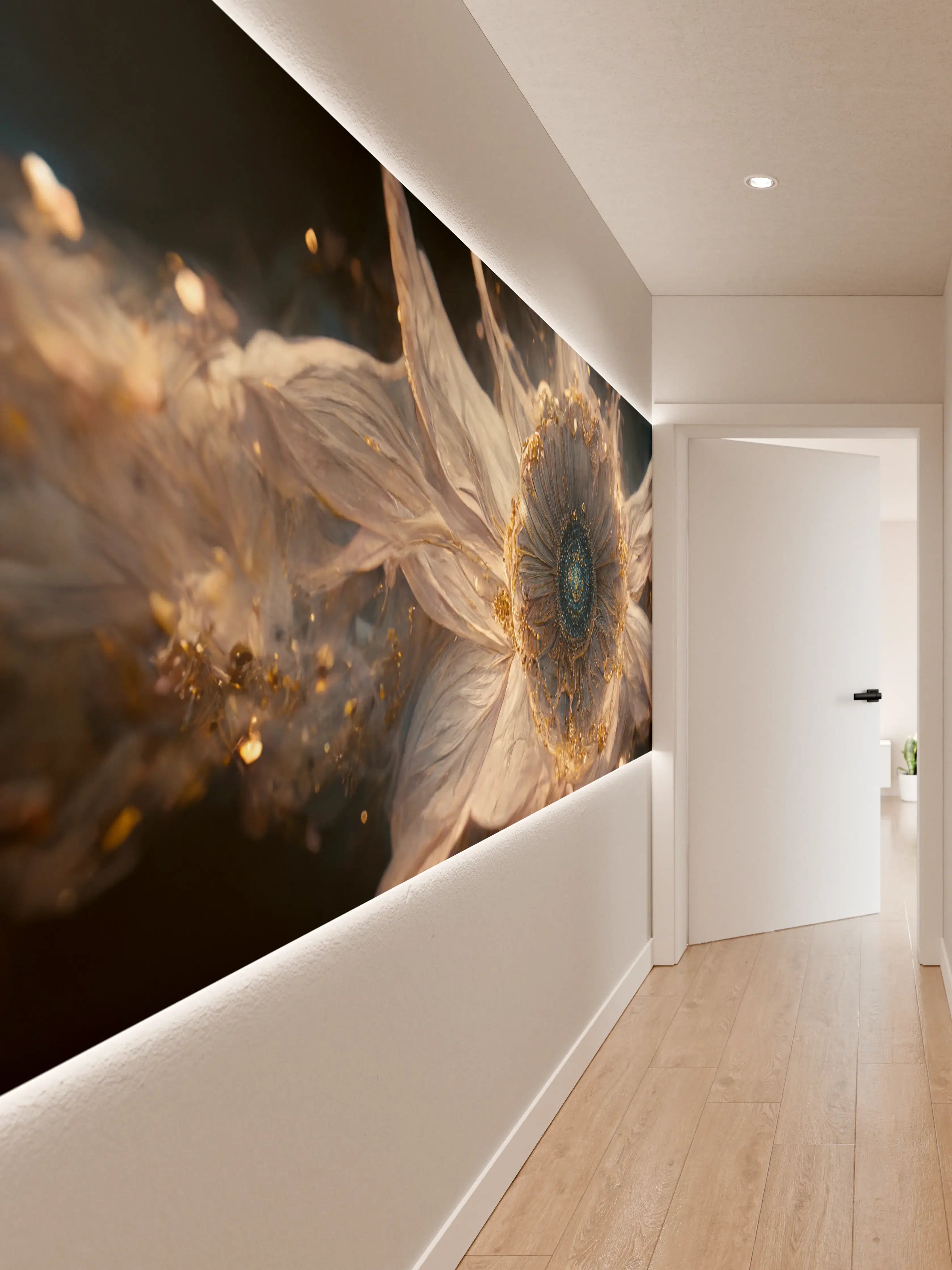 Wandverkleidung Flur - Elegante Blume in goldenen Details