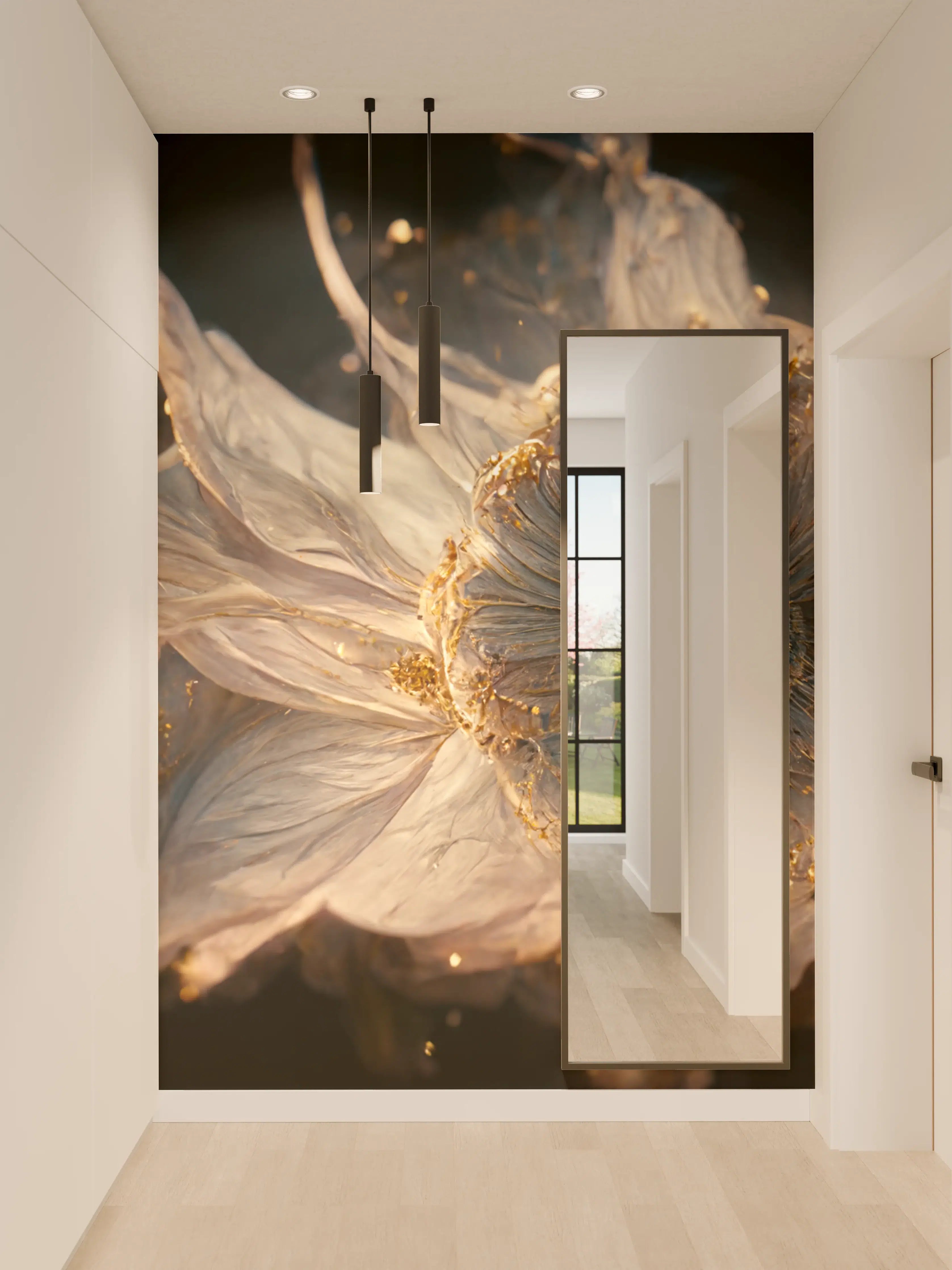 Wandverkleidung Flur - Elegante Blume in goldenen Details