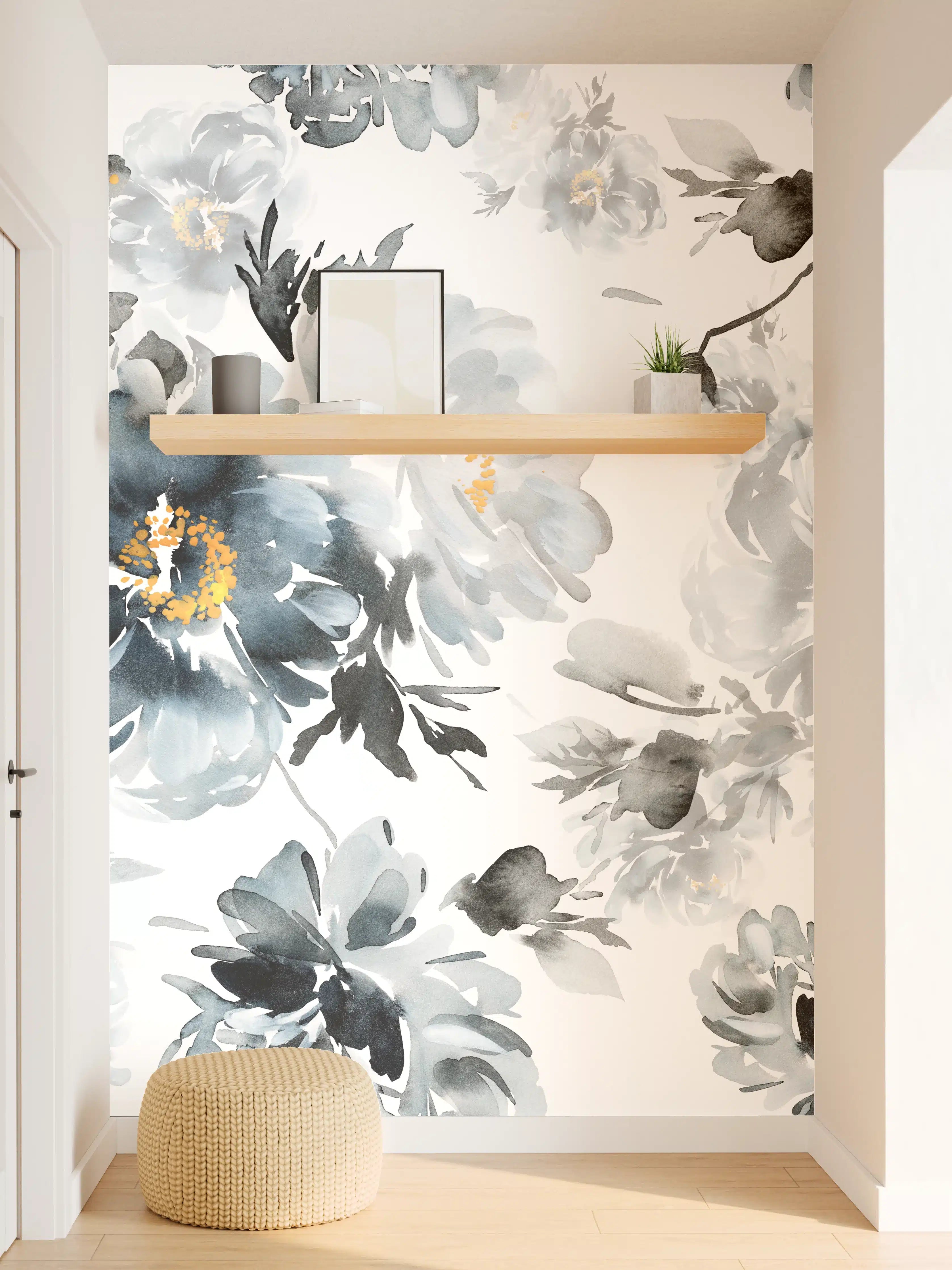 Wandverkleidung Flur - Elegante Blumen in Grau und Blau