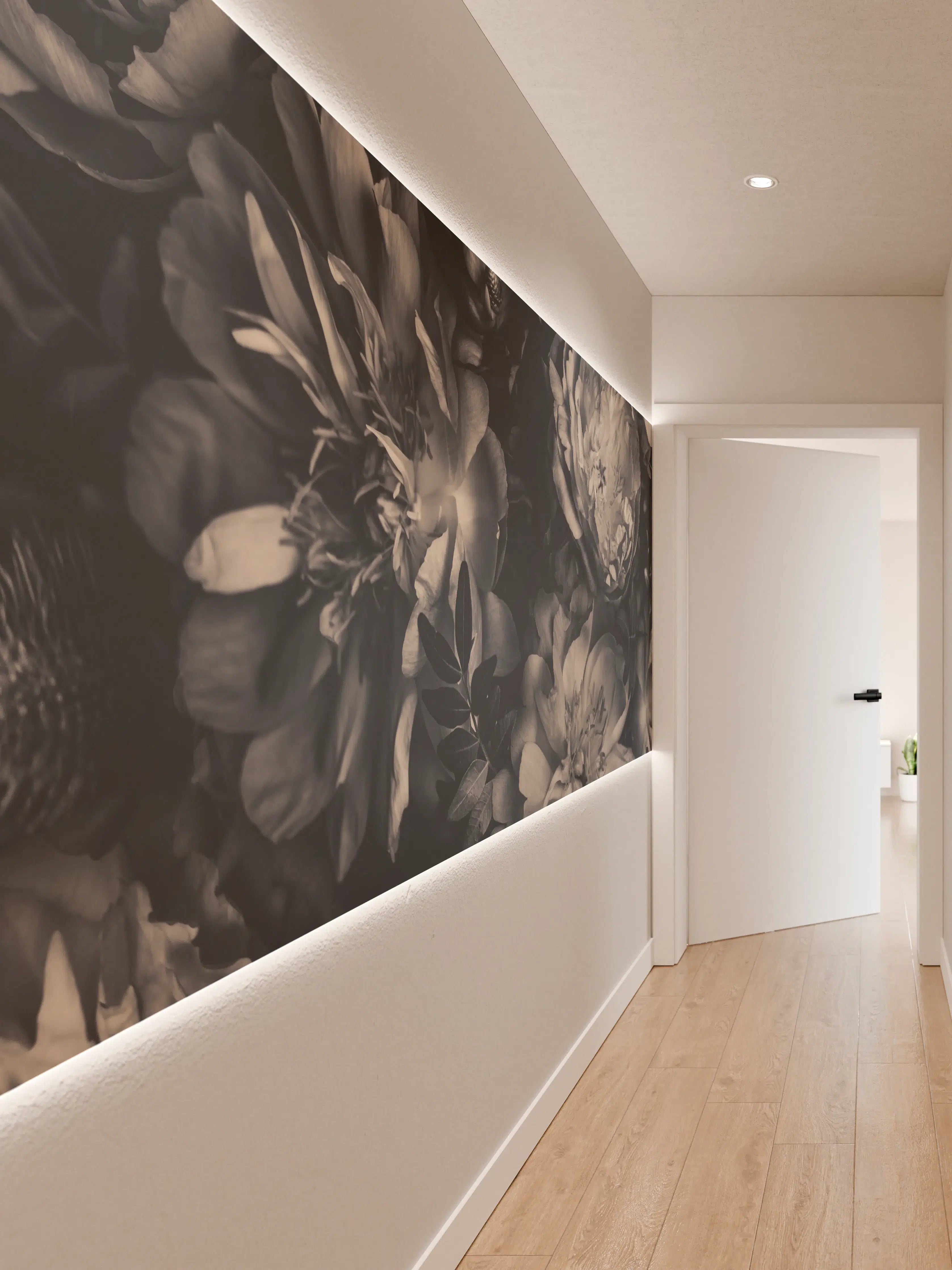 Wandverkleidung Flur - Elegante Blumen in Graustufen