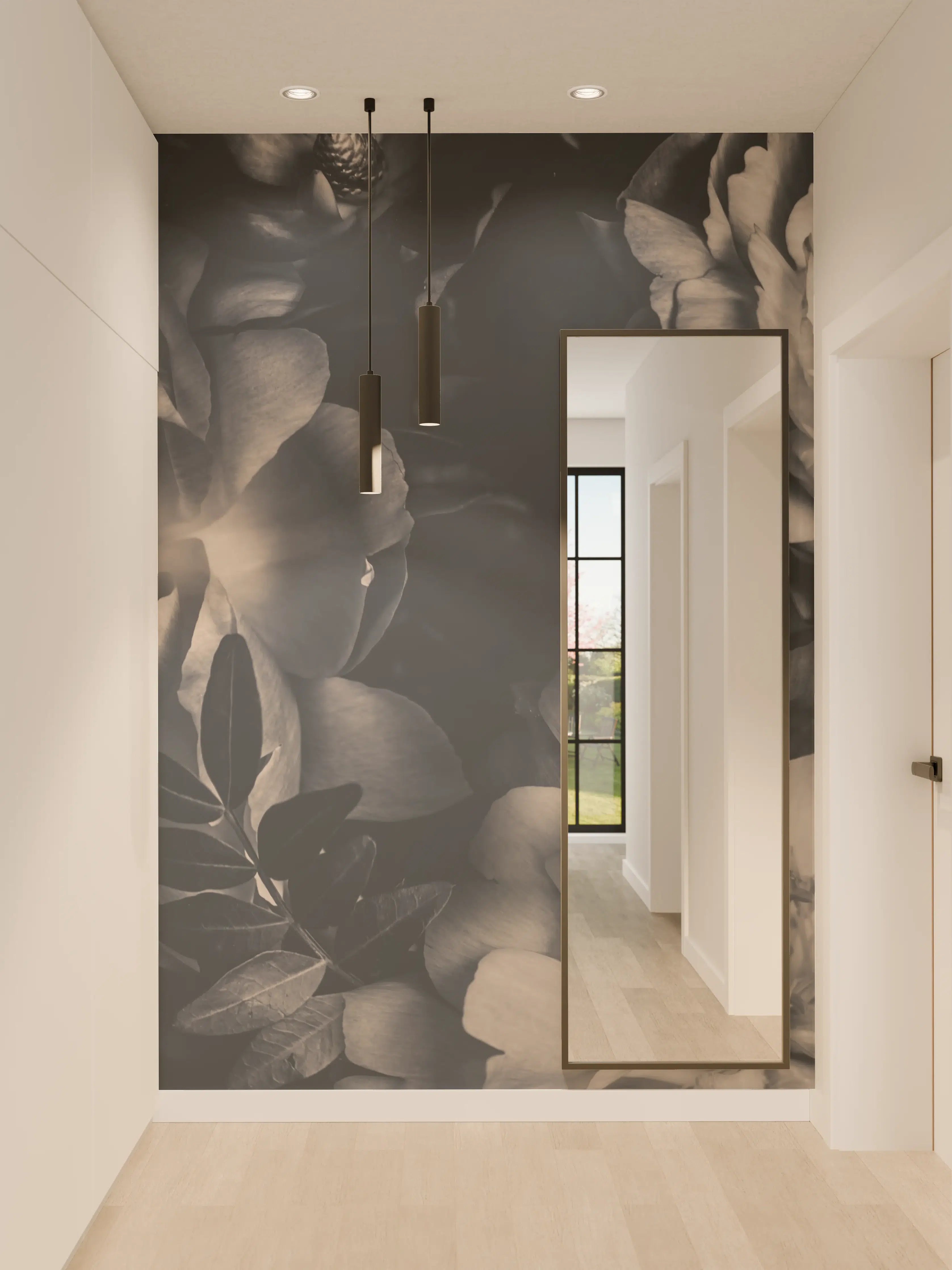 Wandverkleidung Flur - Elegante Blumen in Graustufen