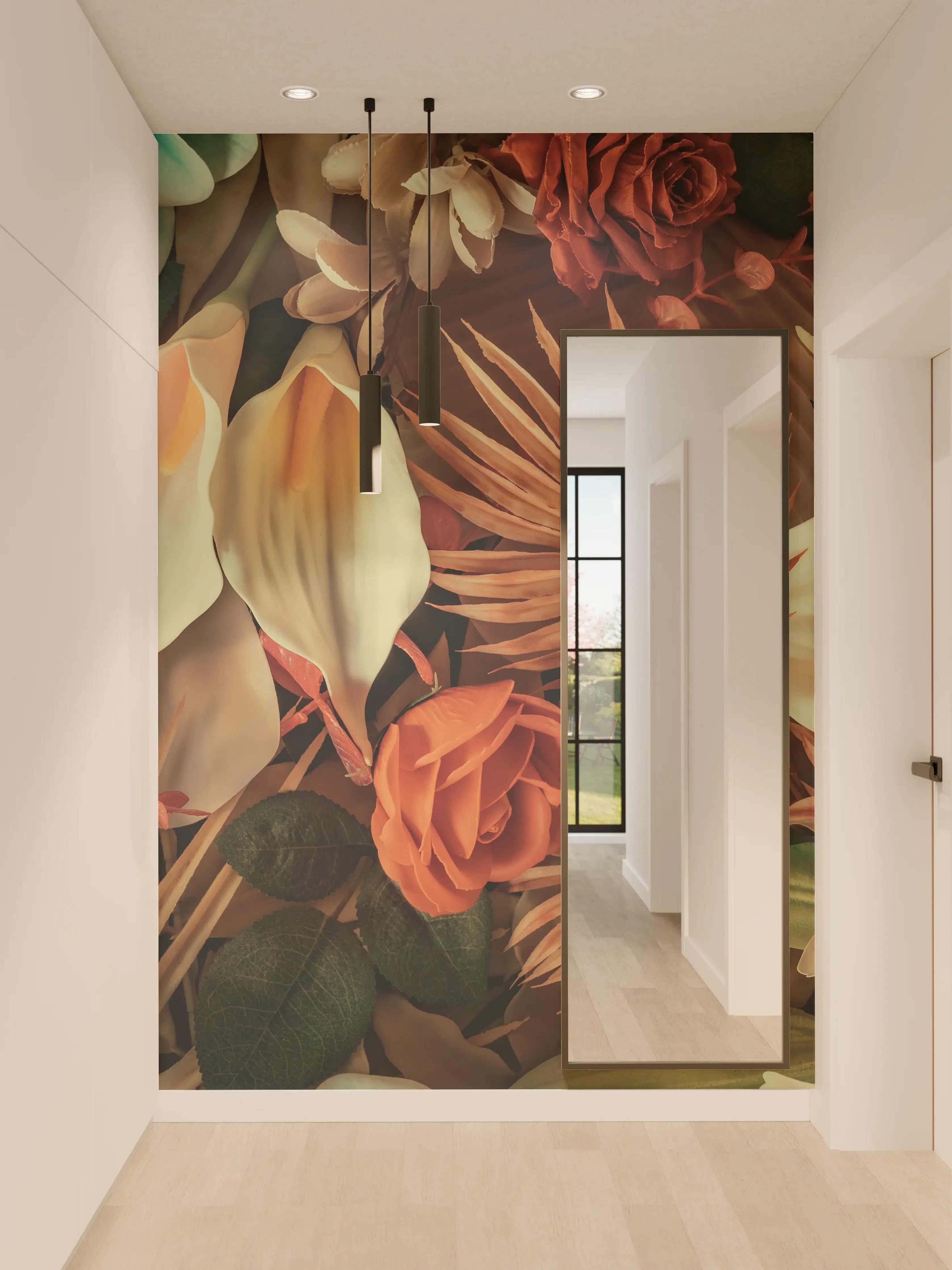 Wandverkleidung Flur - Elegante Blumenkomposition in warmen Tönen