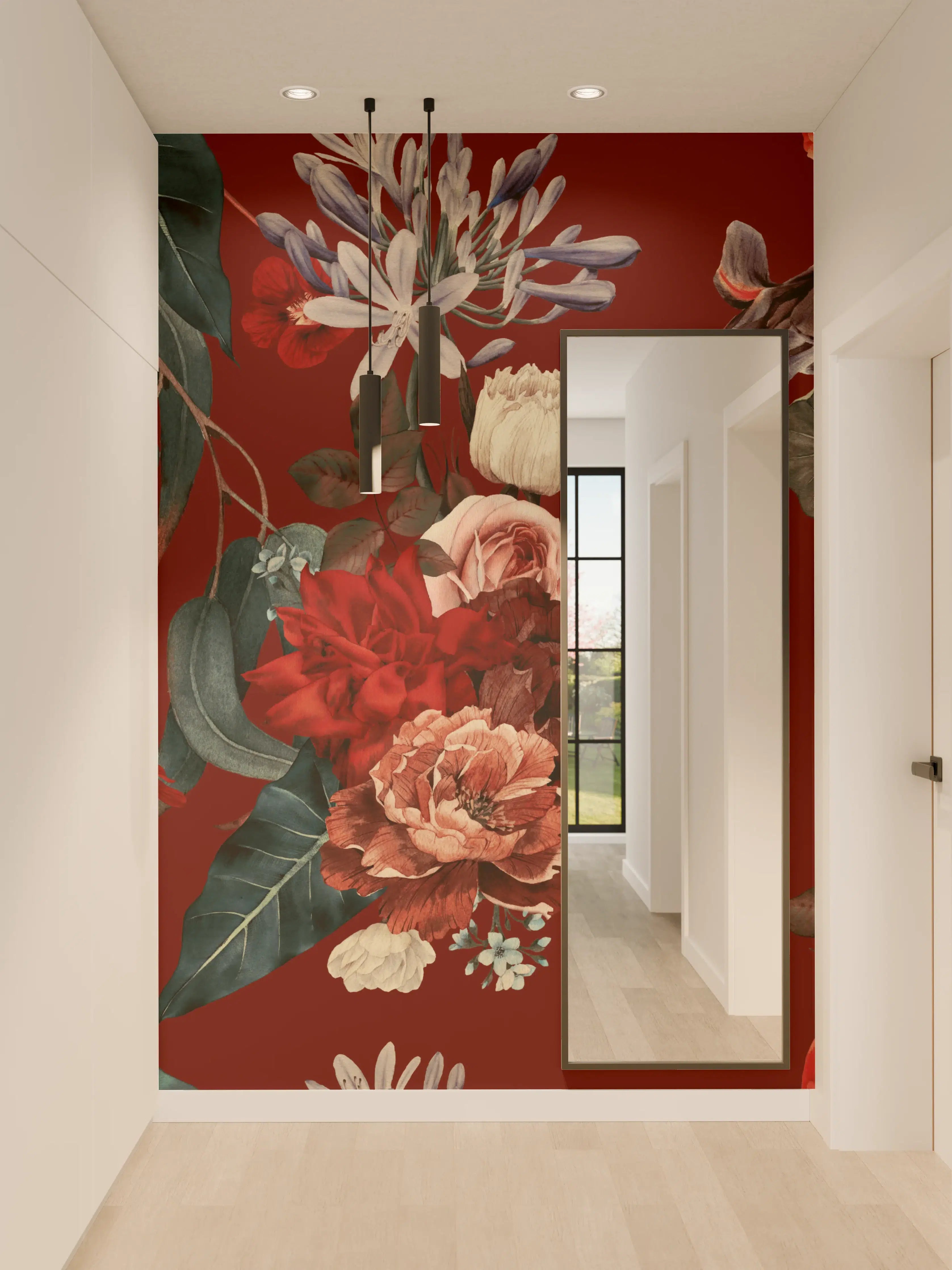 Wandverkleidung Flur - Elegante Blumenmuster auf rotem Hintergrund