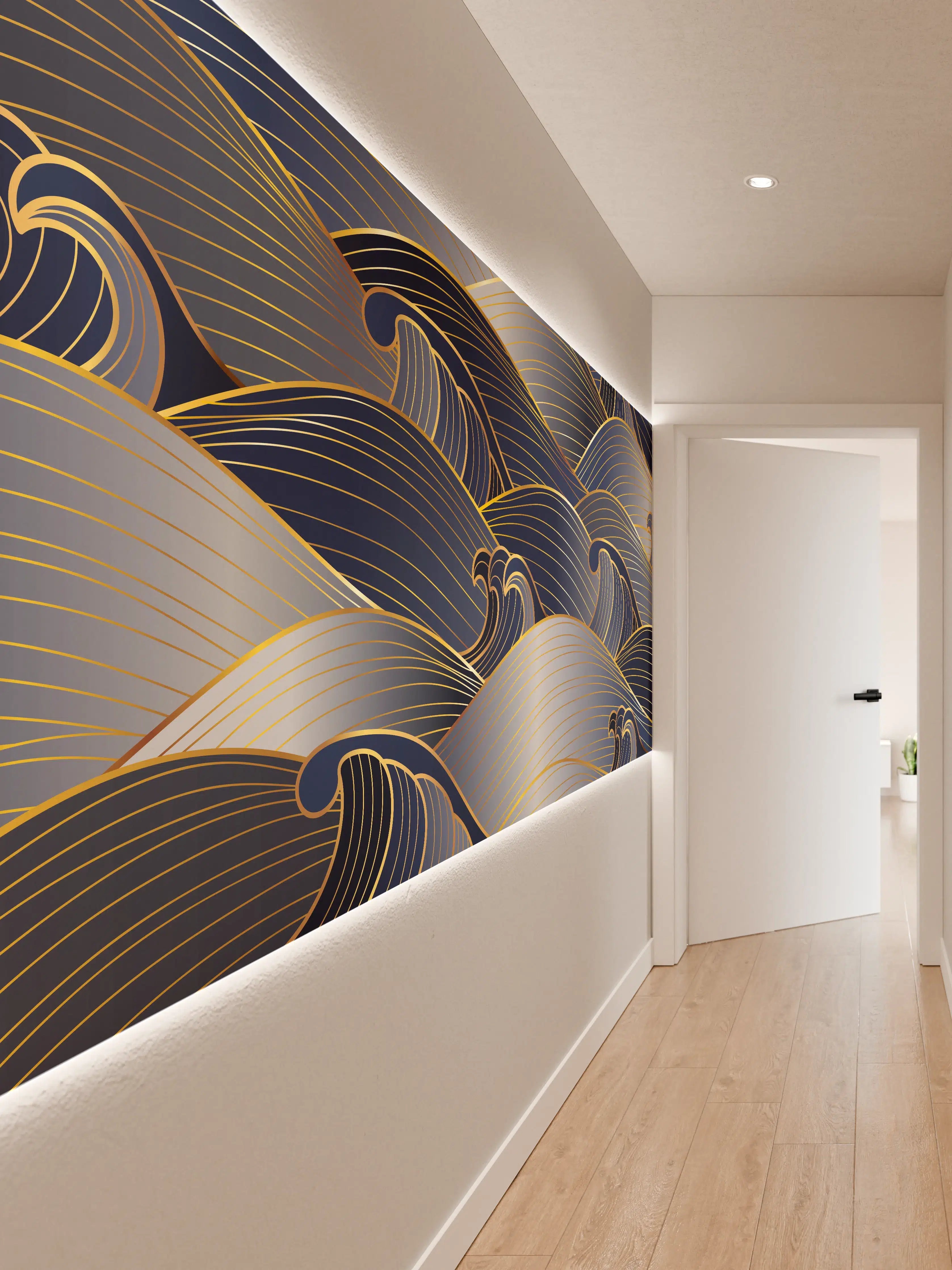 Wandverkleidung Flur - Elegante Gold-Blau Wellentextur