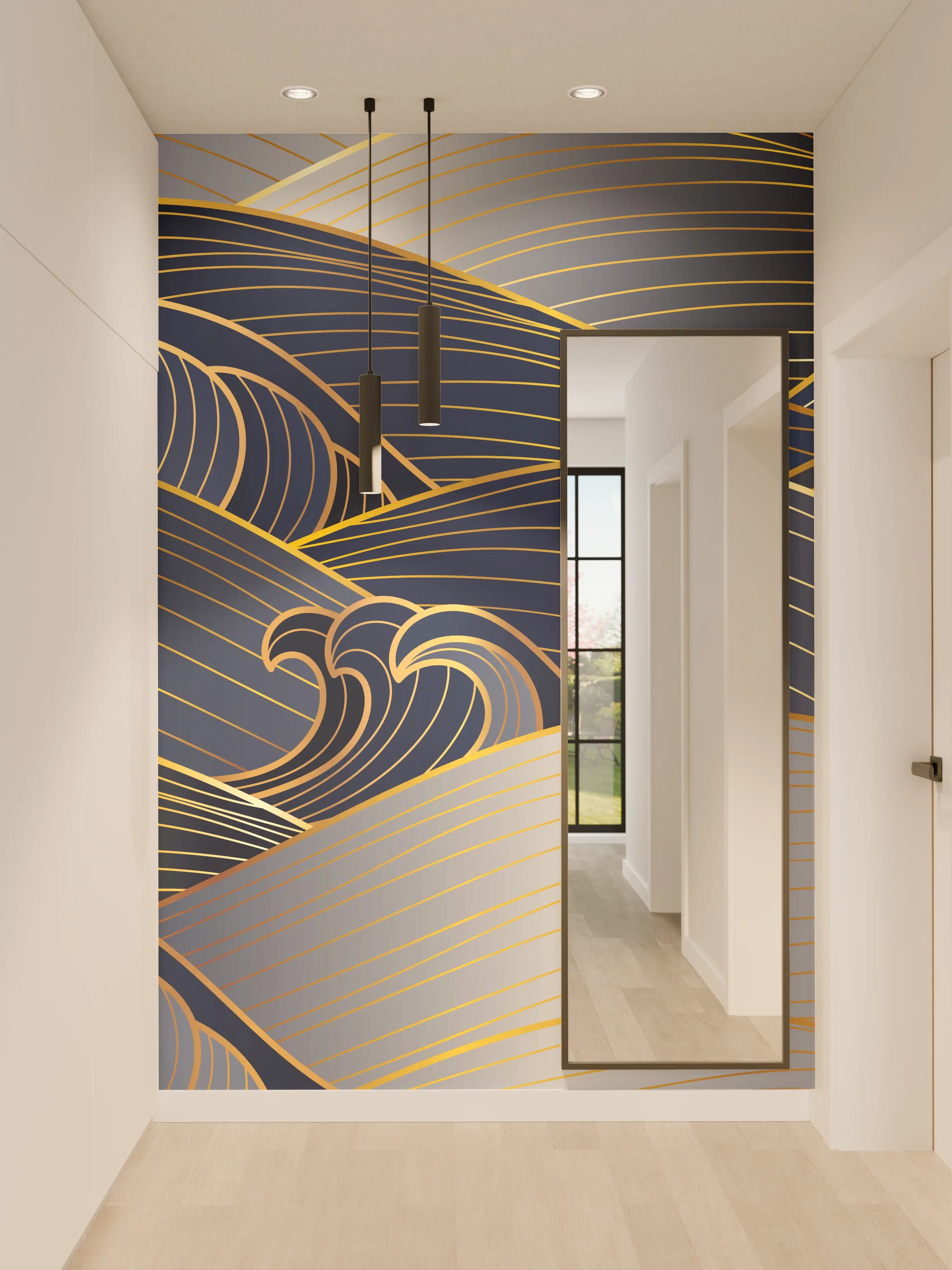 Wandverkleidung Flur - Elegante Gold-Blau Wellentextur