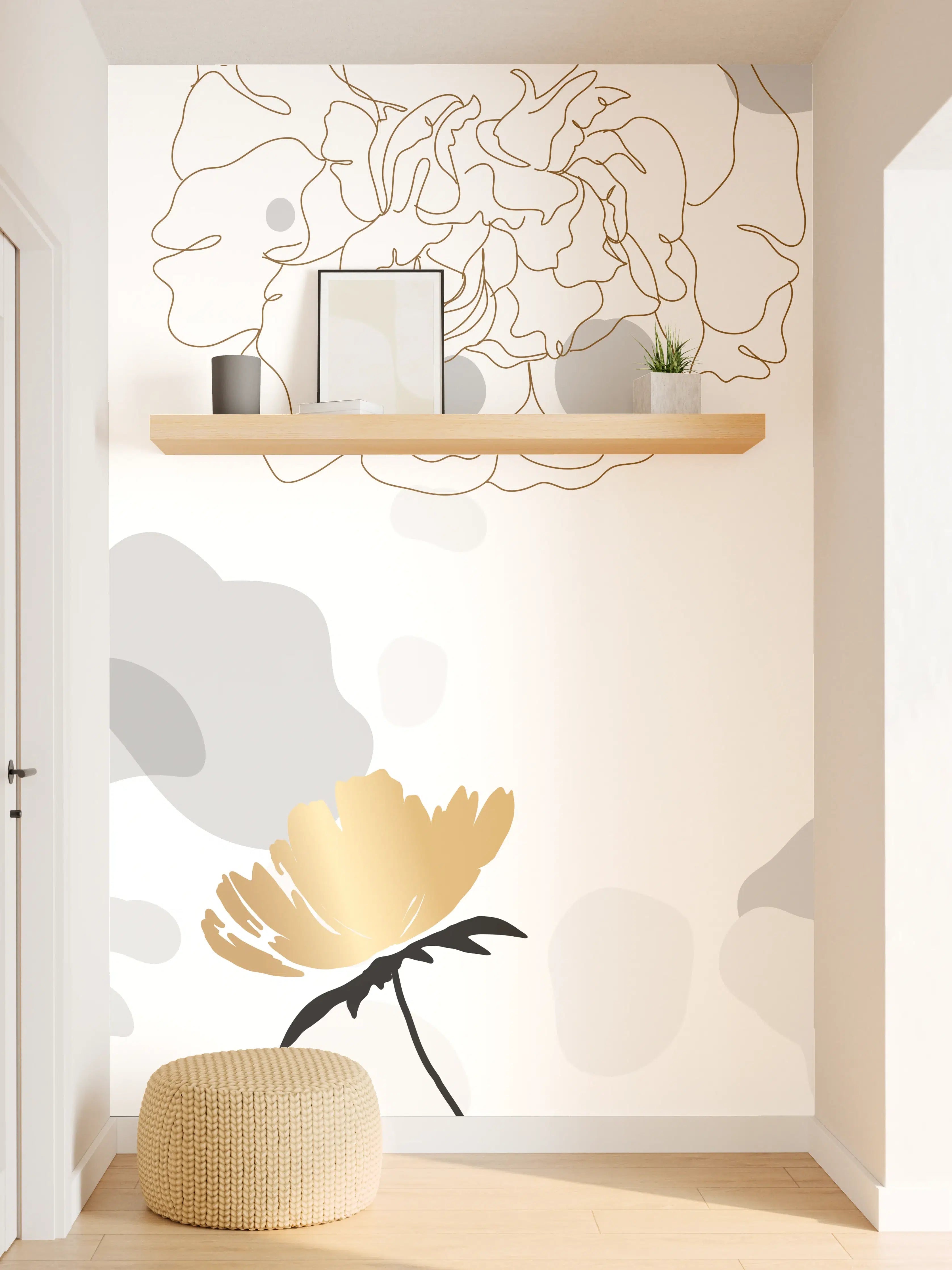 Wandverkleidung Flur - Elegante Gold-Grau Floral Kunst