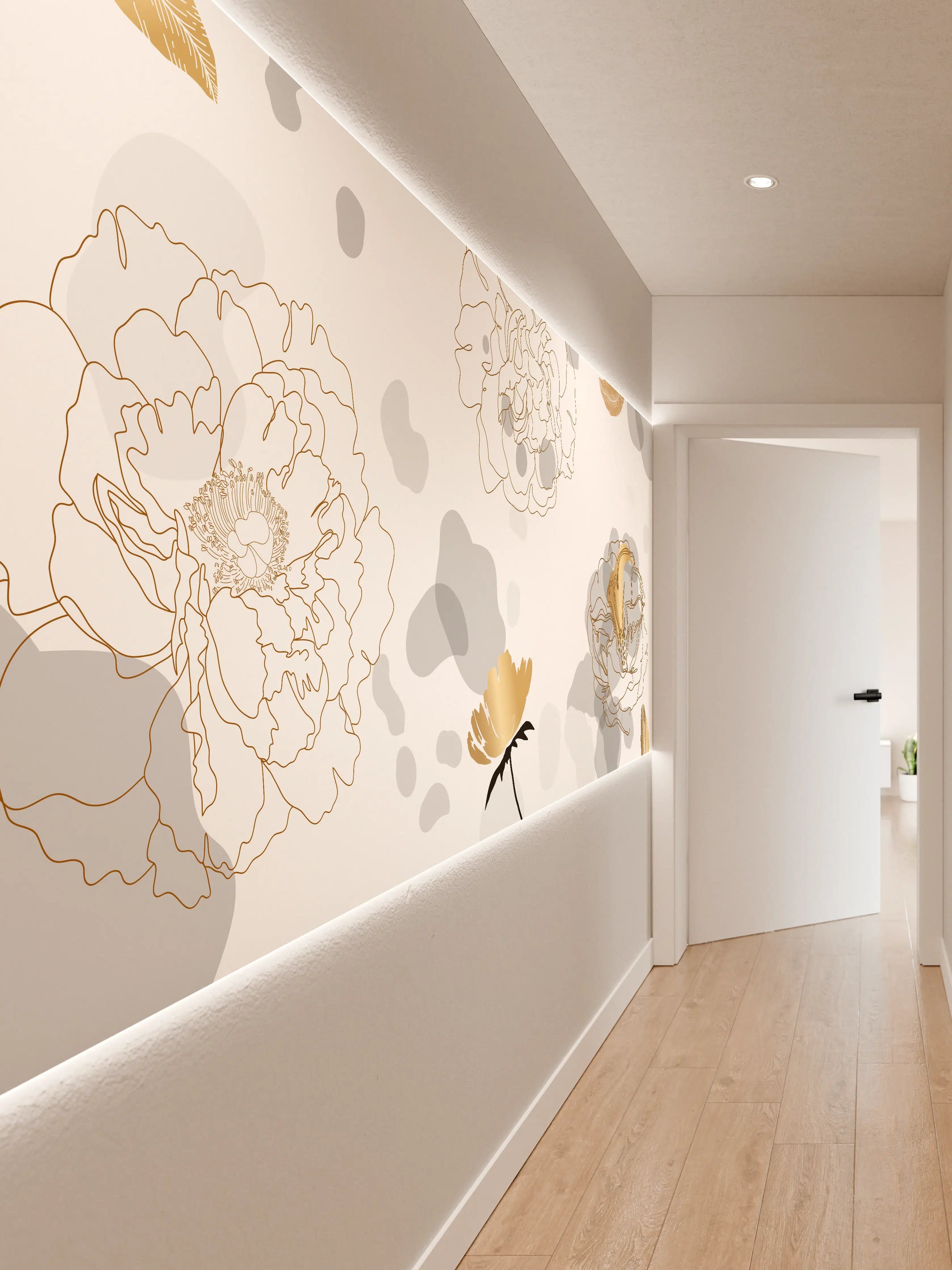 Wandverkleidung Flur - Elegante Gold-Grau Floral Kunst