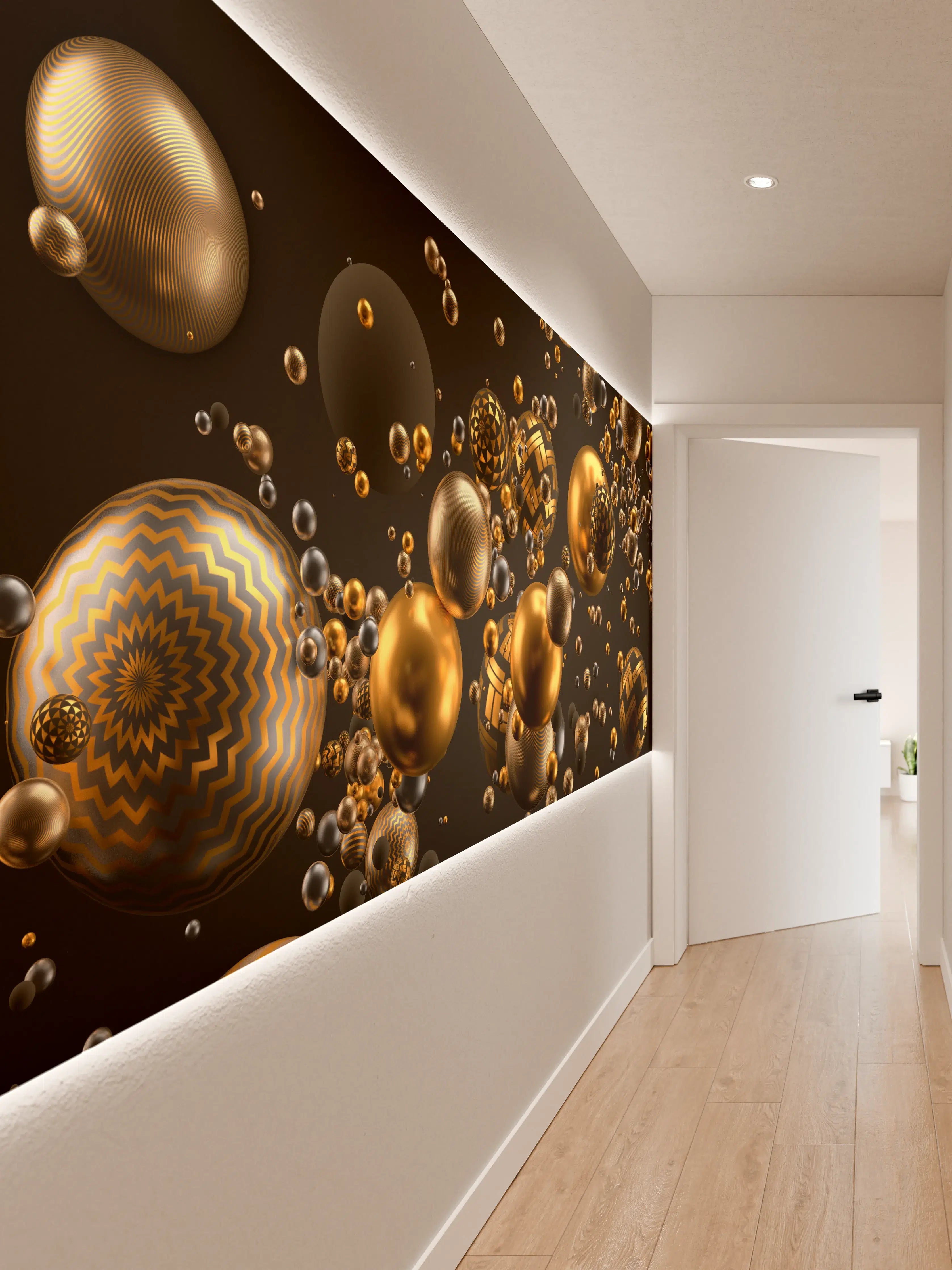 Wandverkleidung Flur - Elegante Goldene und Schwarze Kugeln in Bewegung