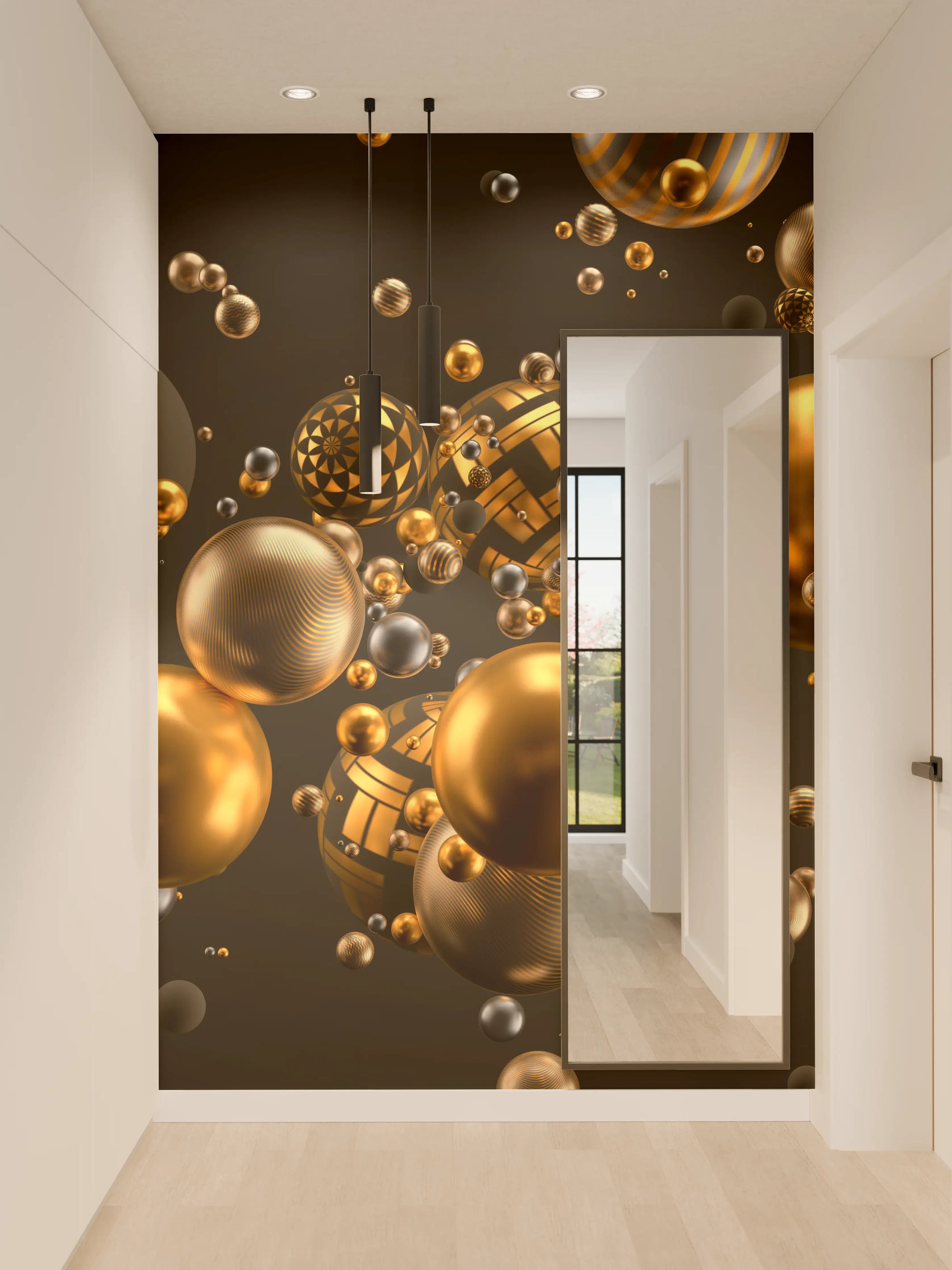 Wandverkleidung Flur - Elegante Goldene und Schwarze Kugeln in Bewegung