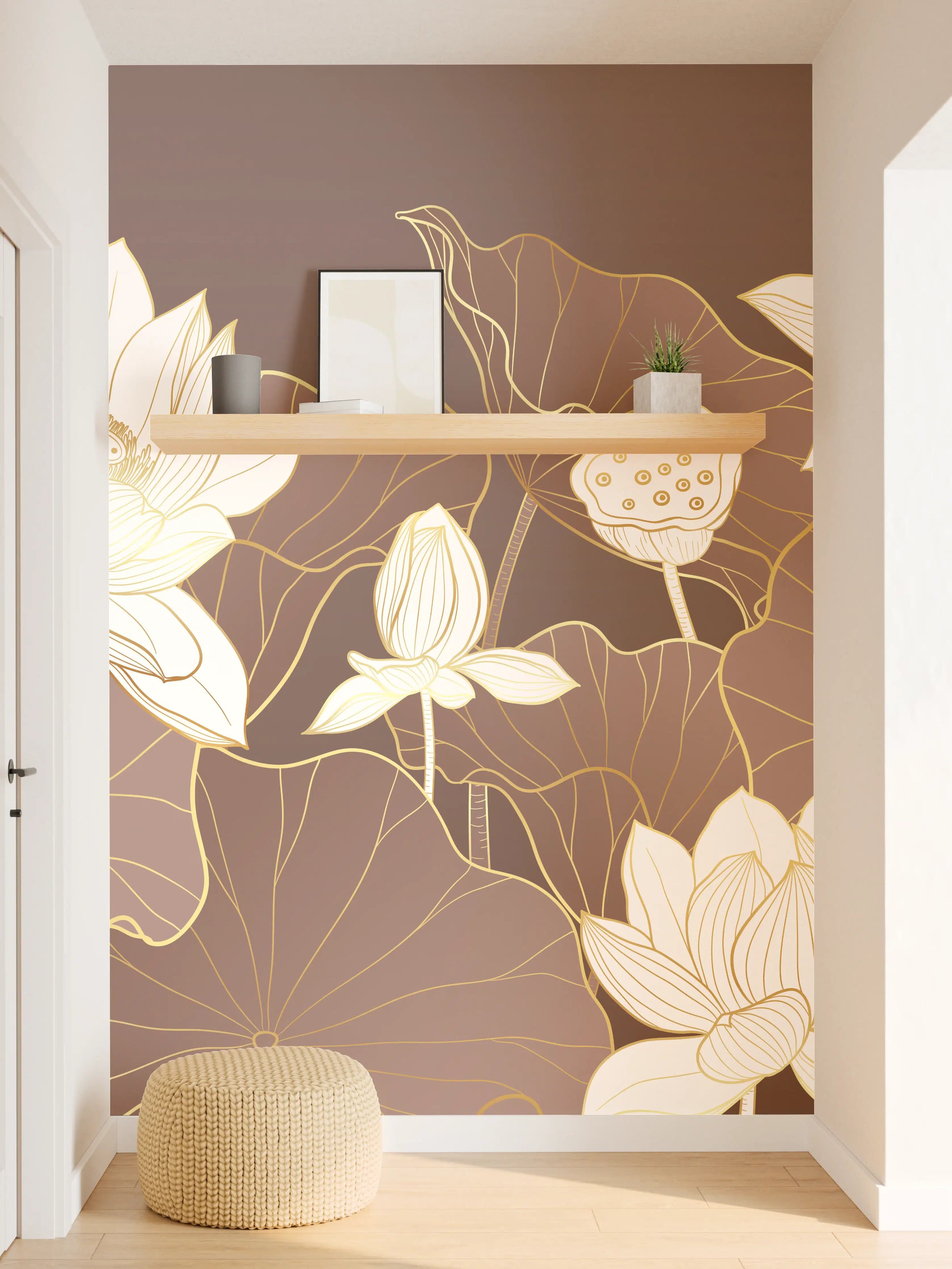 Wandverkleidung Flur - Elegante Lotus-Blumen auf braunem Hintergrund
