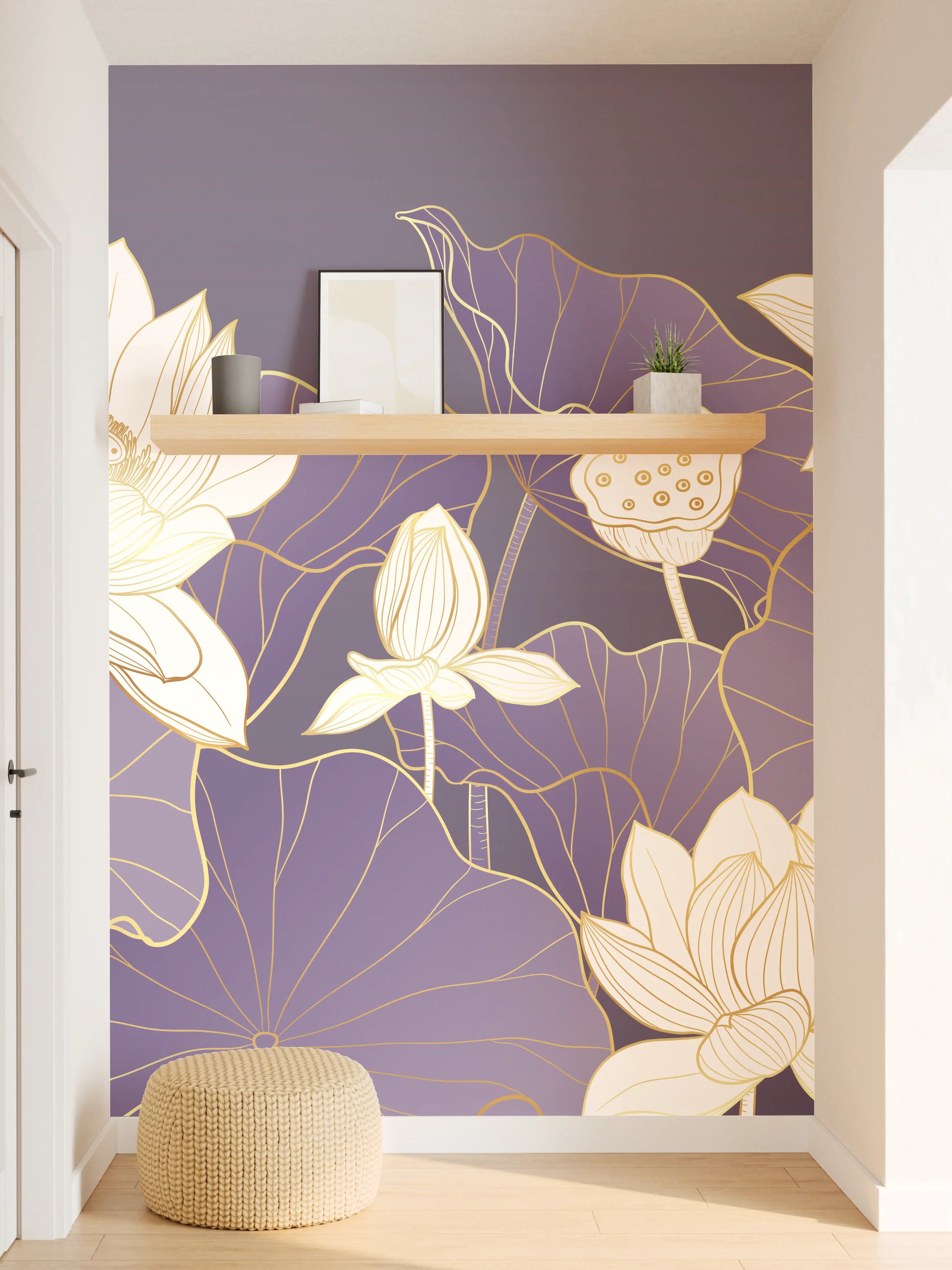 Wandverkleidung Flur - Elegante Lotus-Blumen in Violett und Weiß