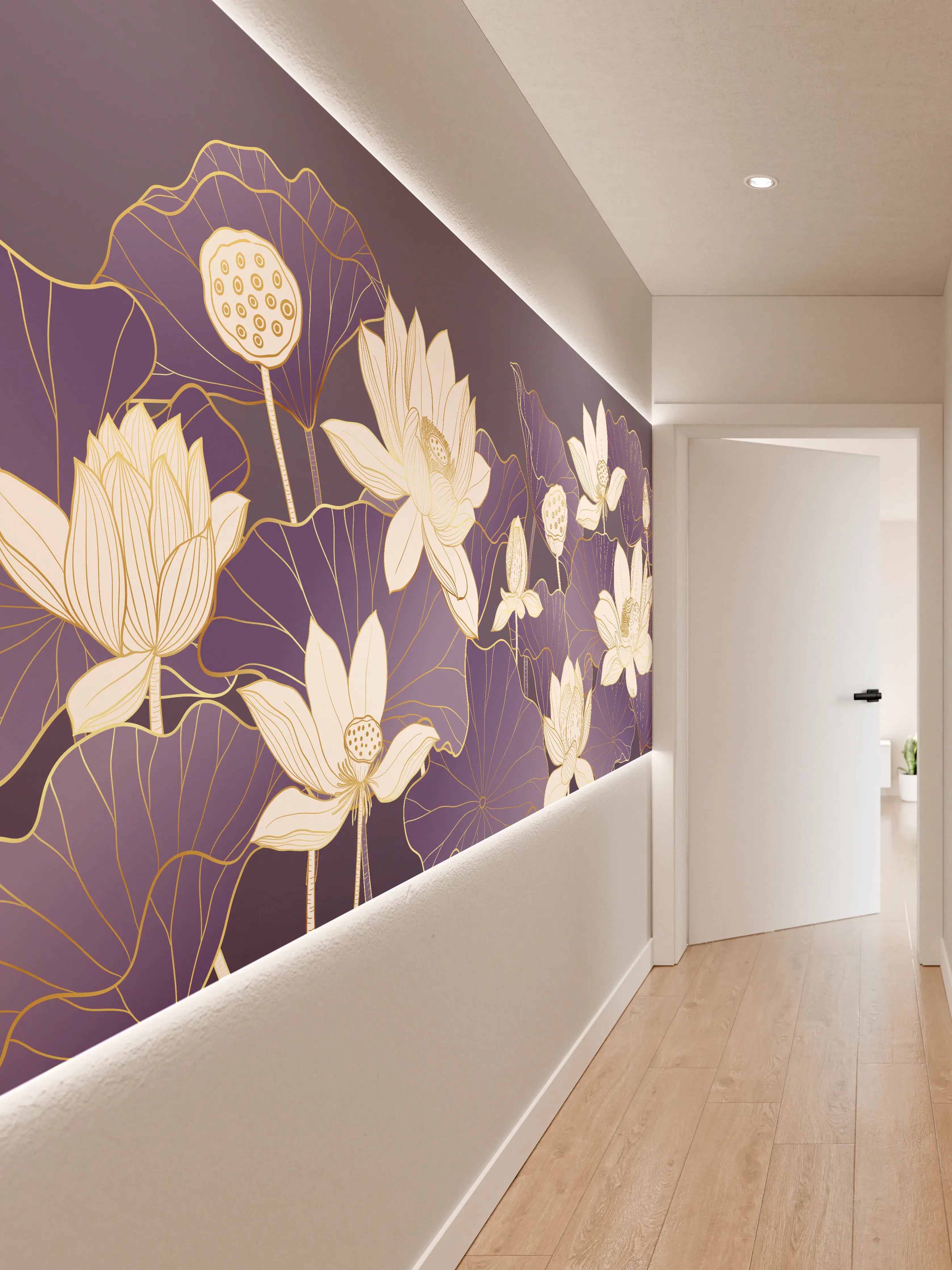 Wandverkleidung Flur - Elegante Lotus-Blumen in Violett und Weiß