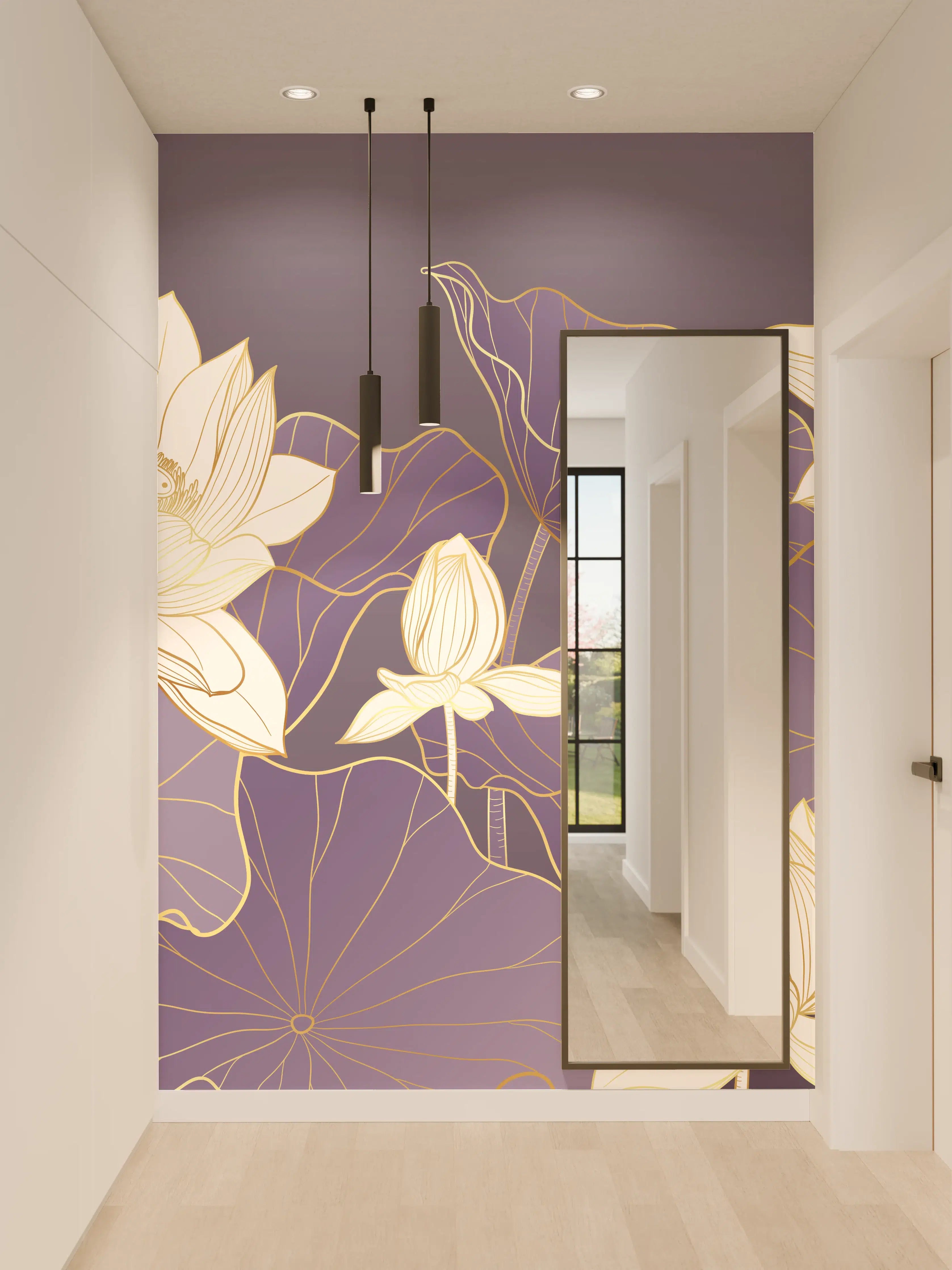 Wandverkleidung Flur - Elegante Lotus-Blumen in Violett und Weiß