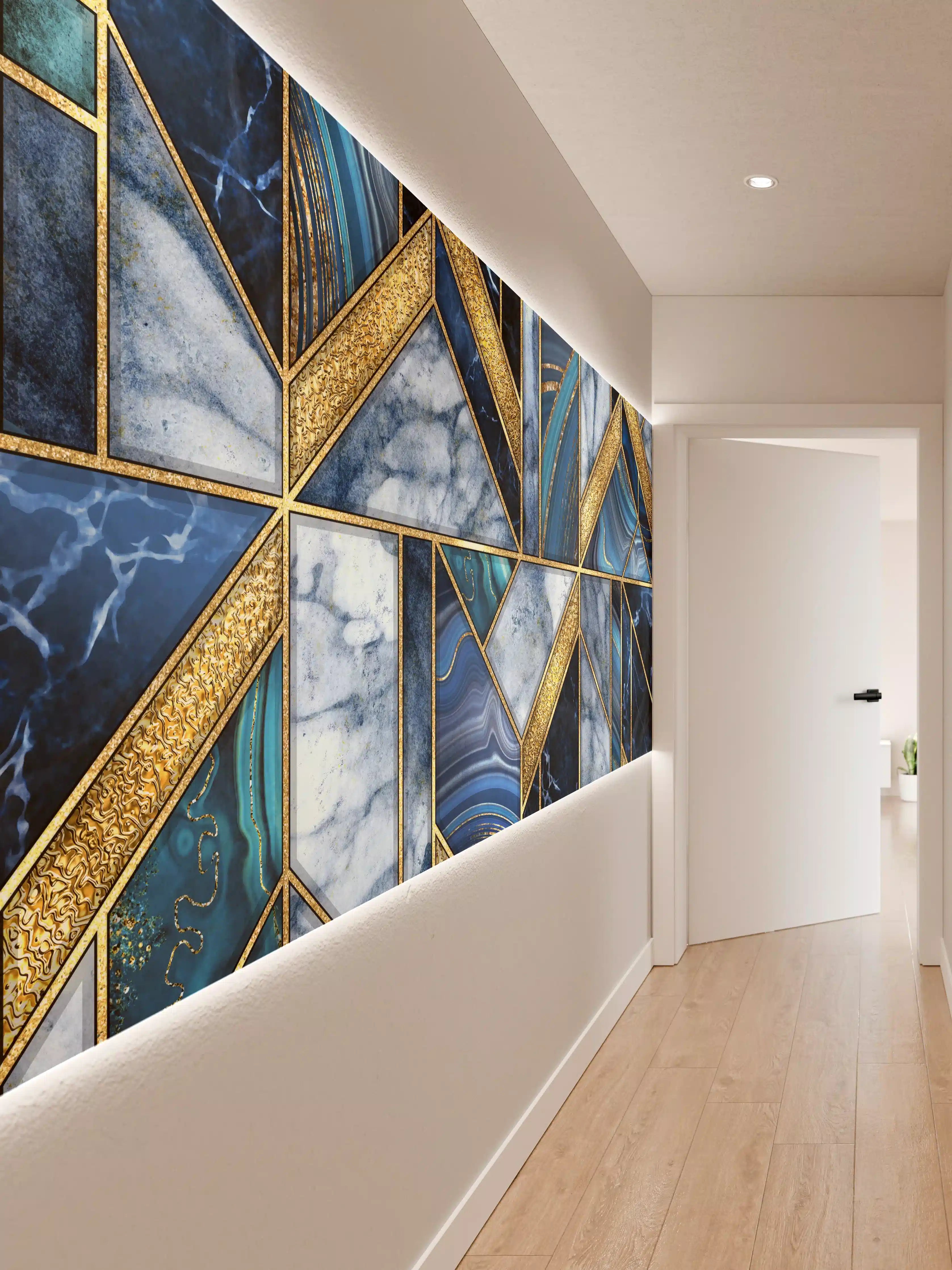 Wandverkleidung Flur - Elegante Mosaikfliesen in Blau und Gold