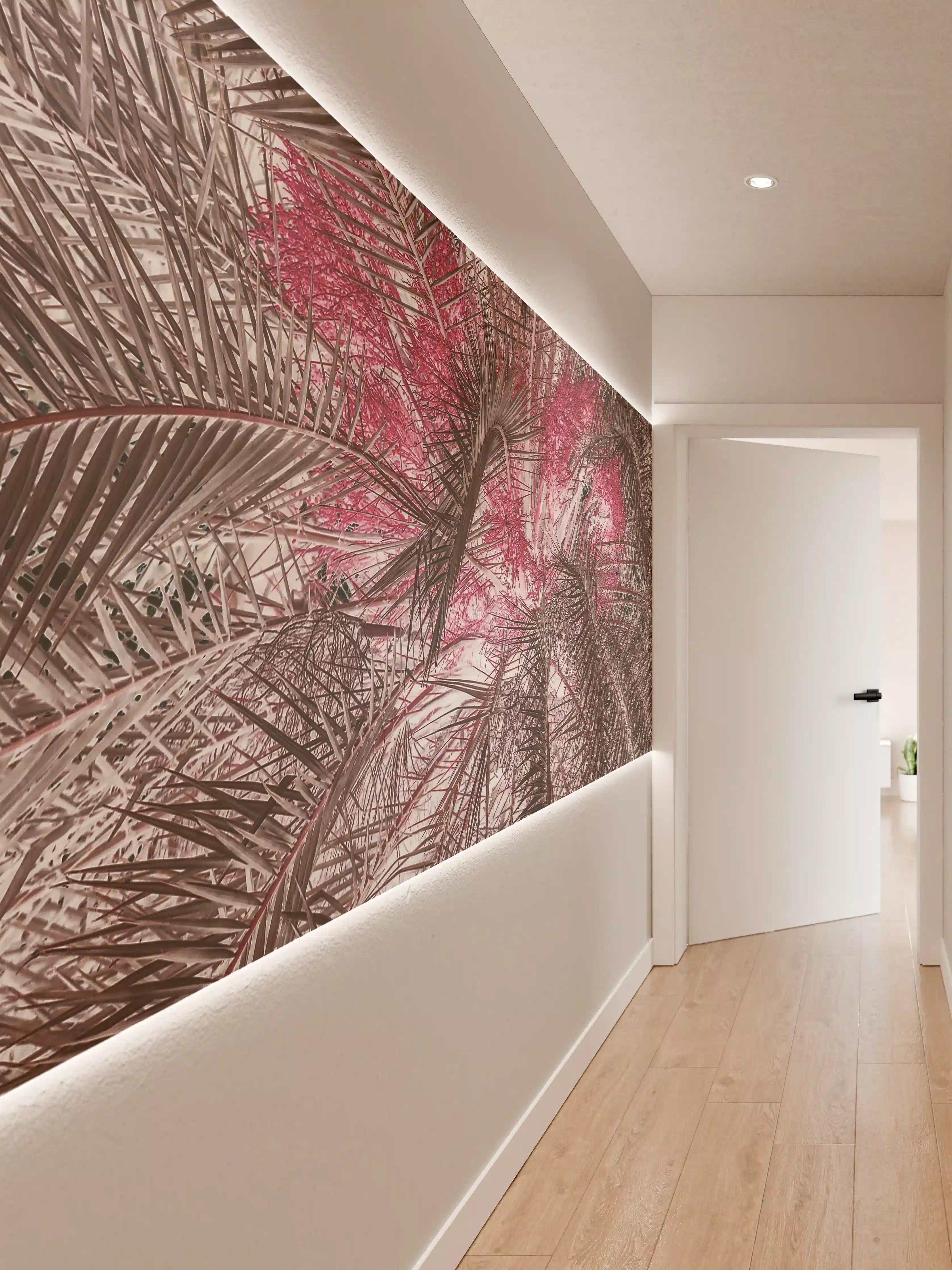 Wandverkleidung Flur - Elegante Palme im Pink-Ton