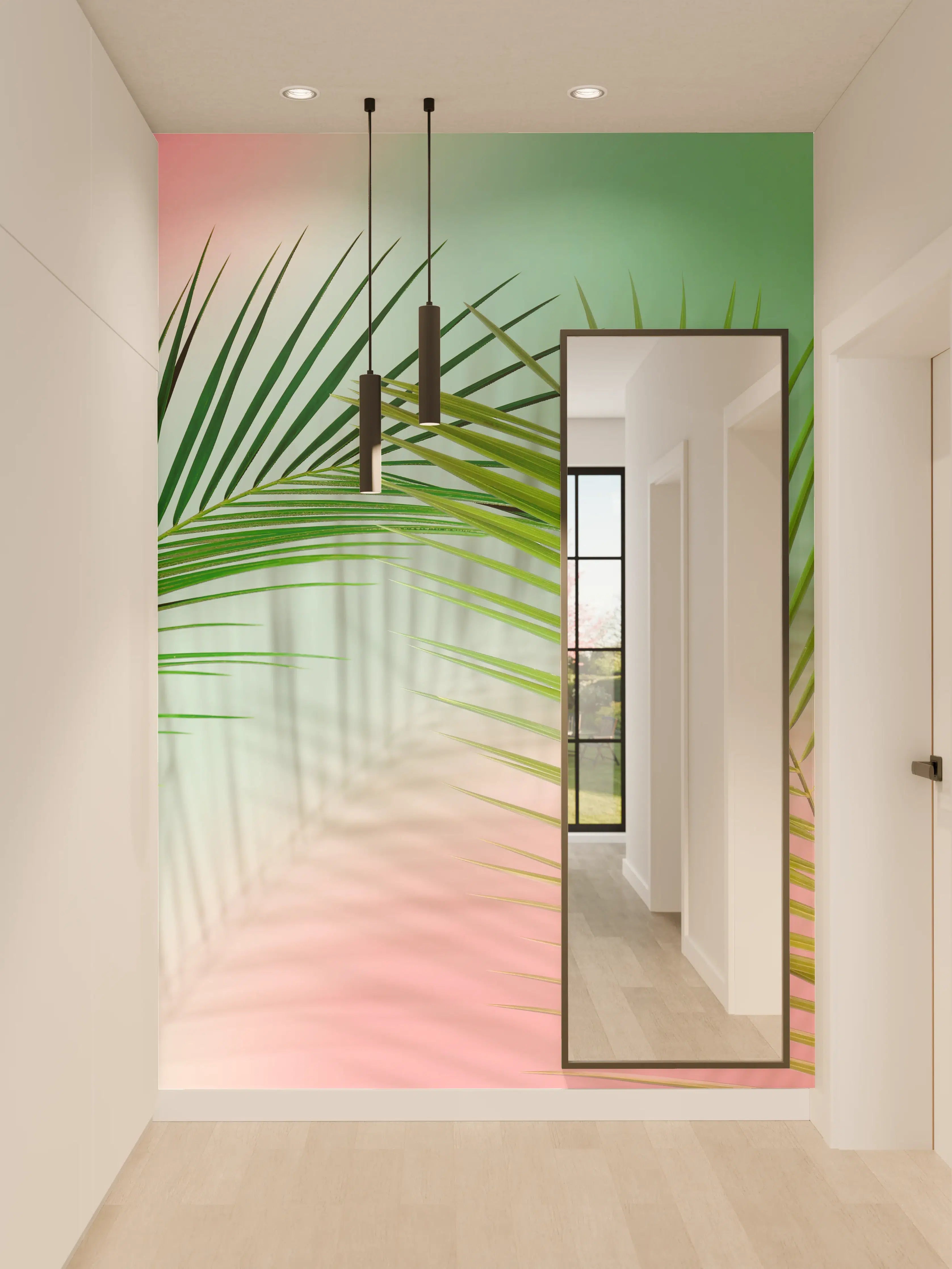 Wandverkleidung Flur - Elegante Palme vor buntem Hintergrund