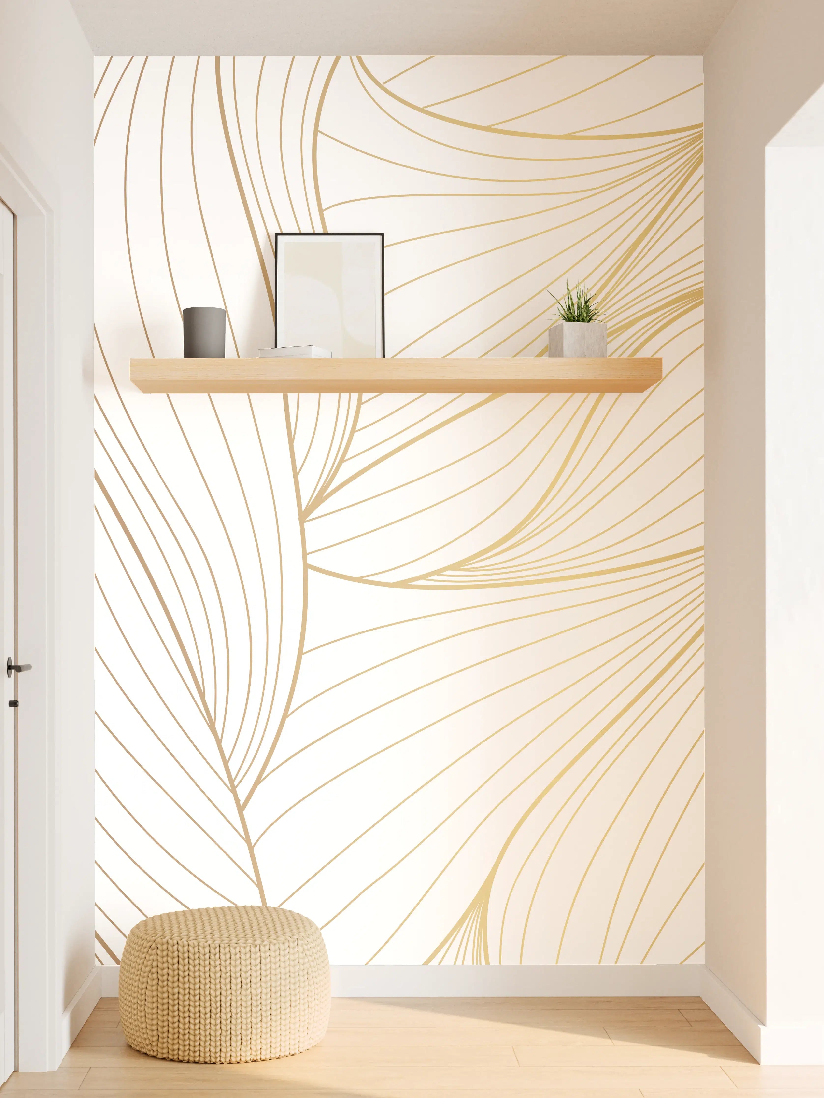 Wandverkleidung Flur - Elegante Weiß-Beige Wellenlinien