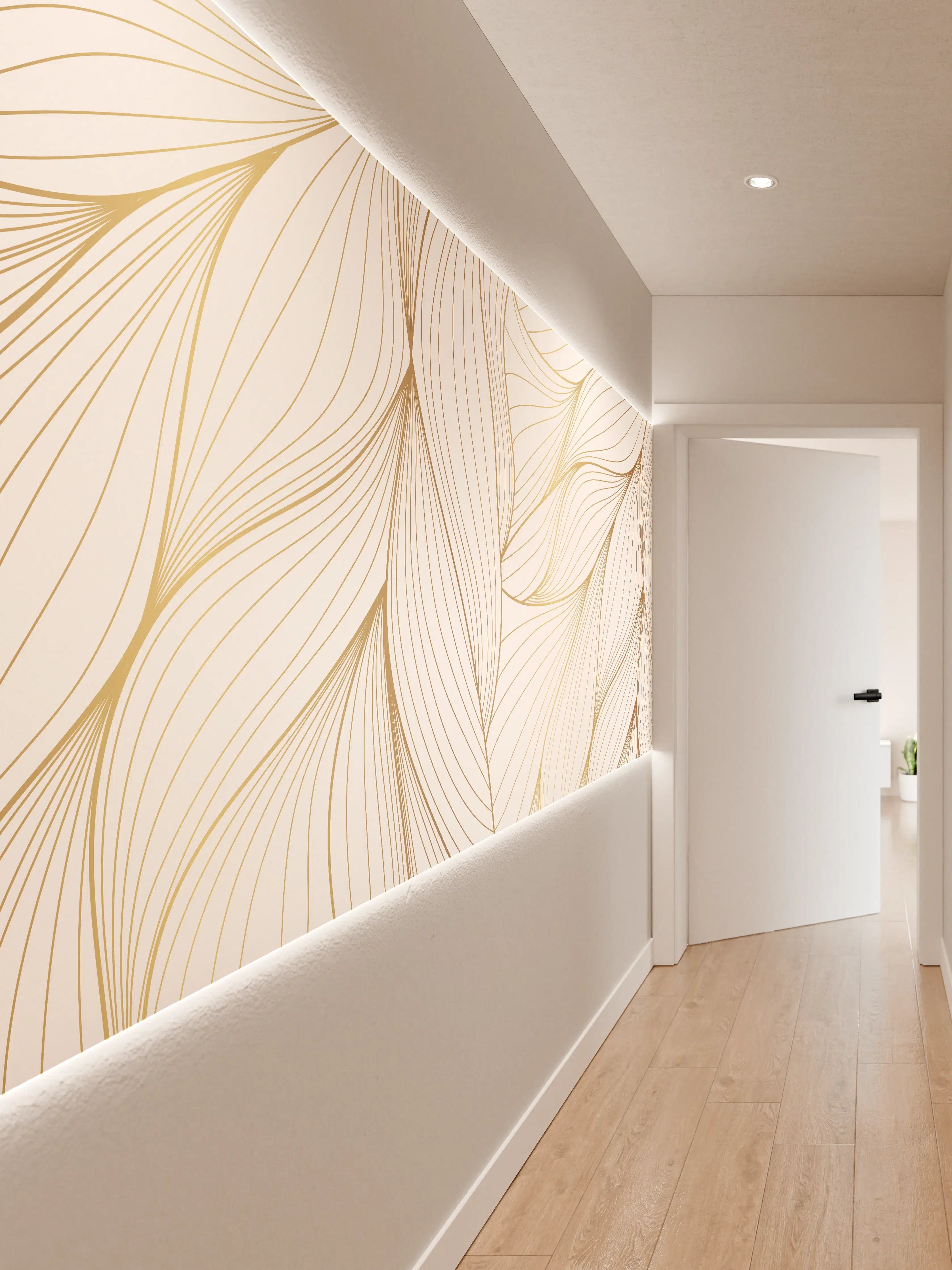 Wandverkleidung Flur - Elegante Weiß-Beige Wellenlinien
