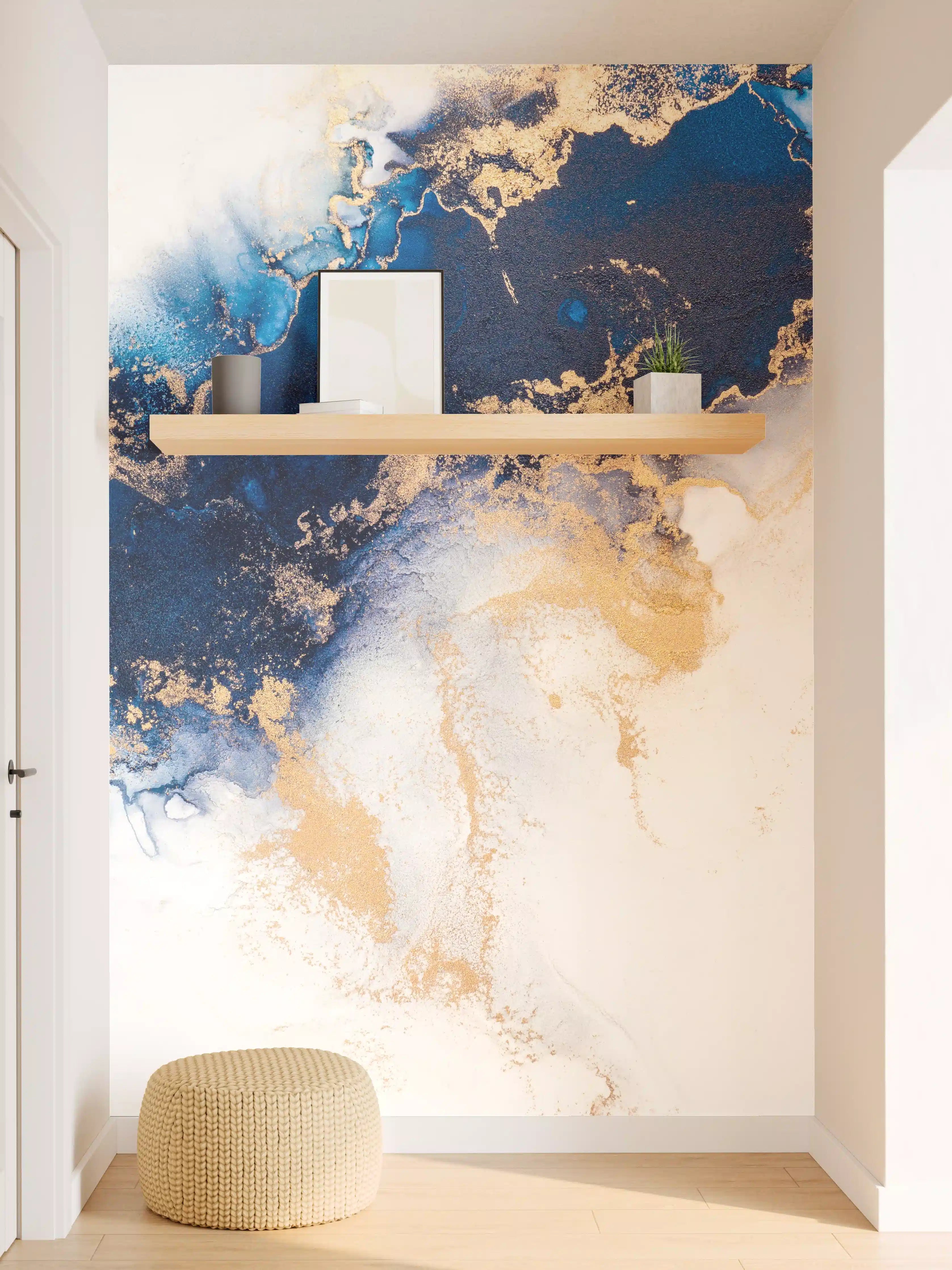 Wandverkleidung Flur - Elegante blaue Gold-Aquarellkunst