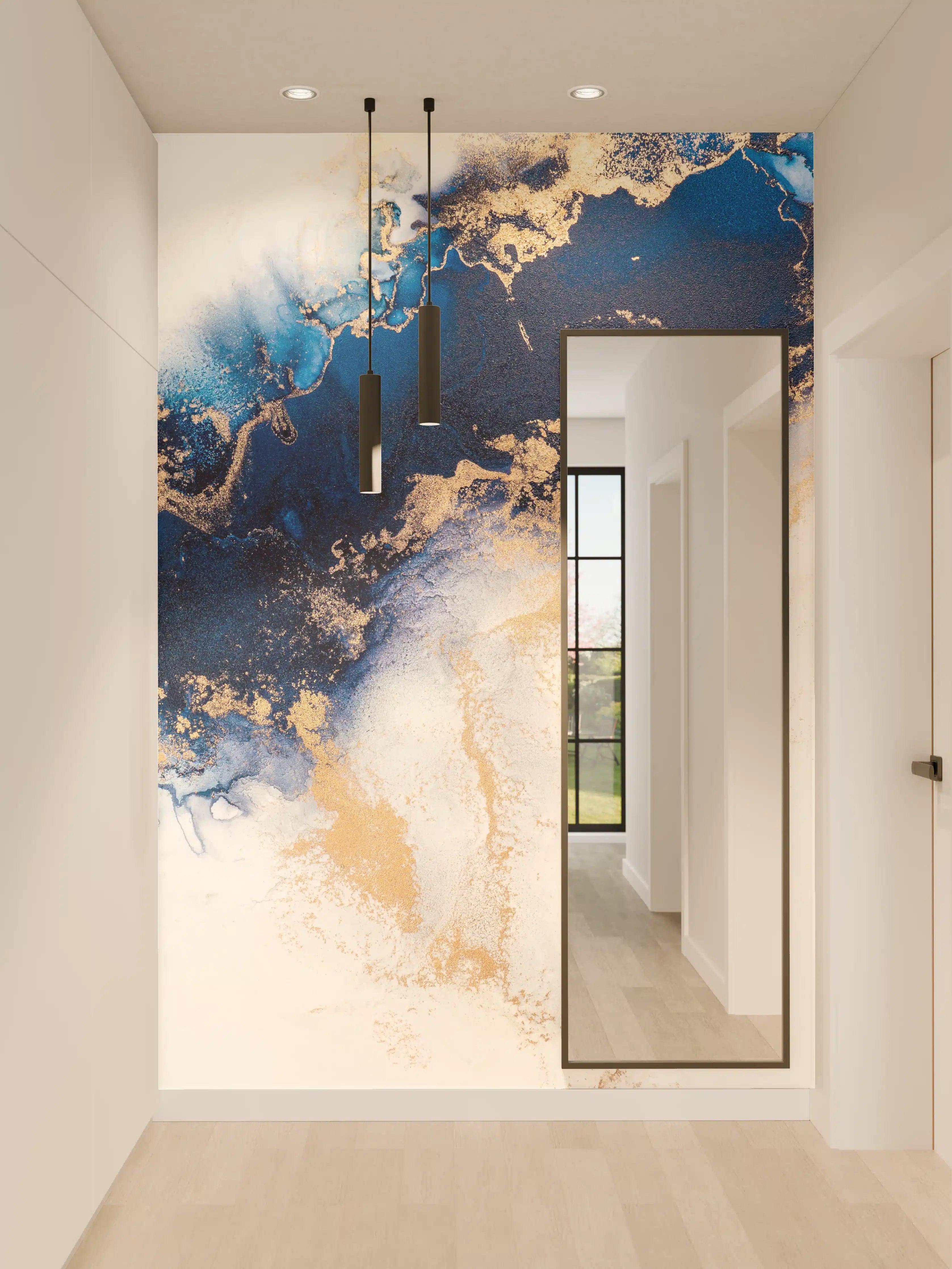 Wandverkleidung Flur - Elegante blaue Gold-Aquarellkunst