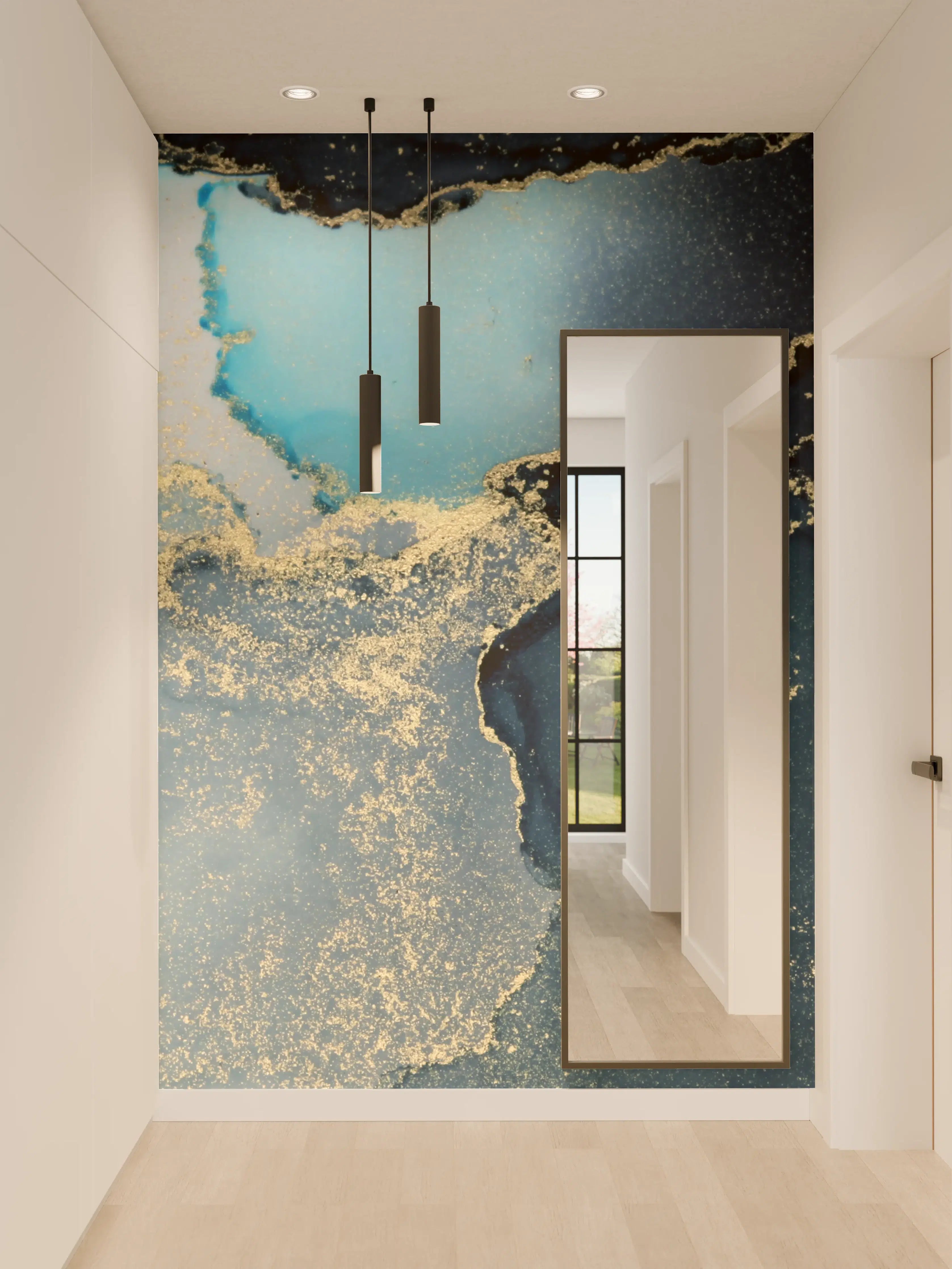 Wandverkleidung Flur - Elegante blaue Marmorstruktur mit Goldakzenten