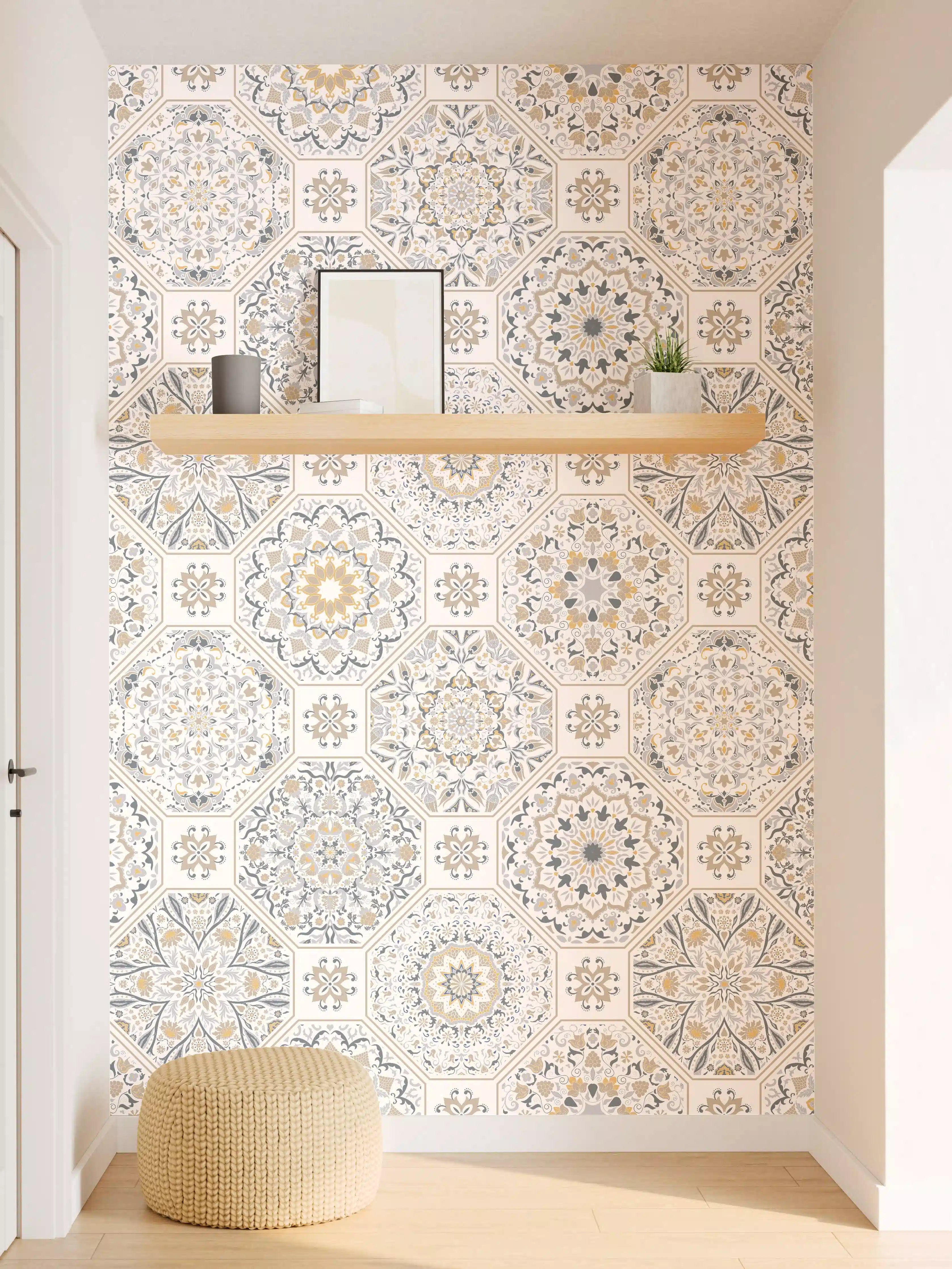 Wandverkleidung Flur - Elegante geometrische Fliesenmuster in Beige und Blau
