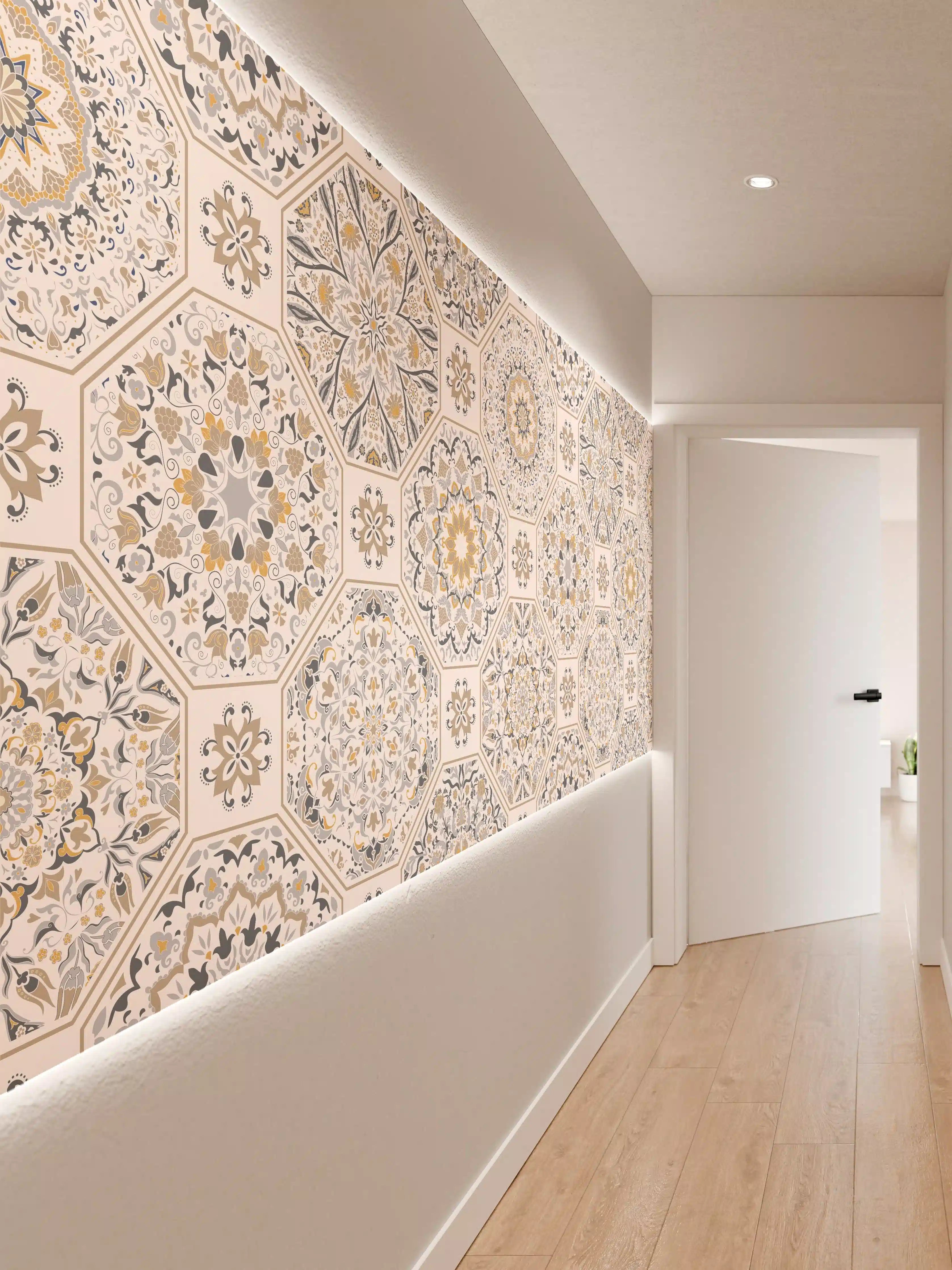 Wandverkleidung Flur - Elegante geometrische Fliesenmuster in Beige und Blau