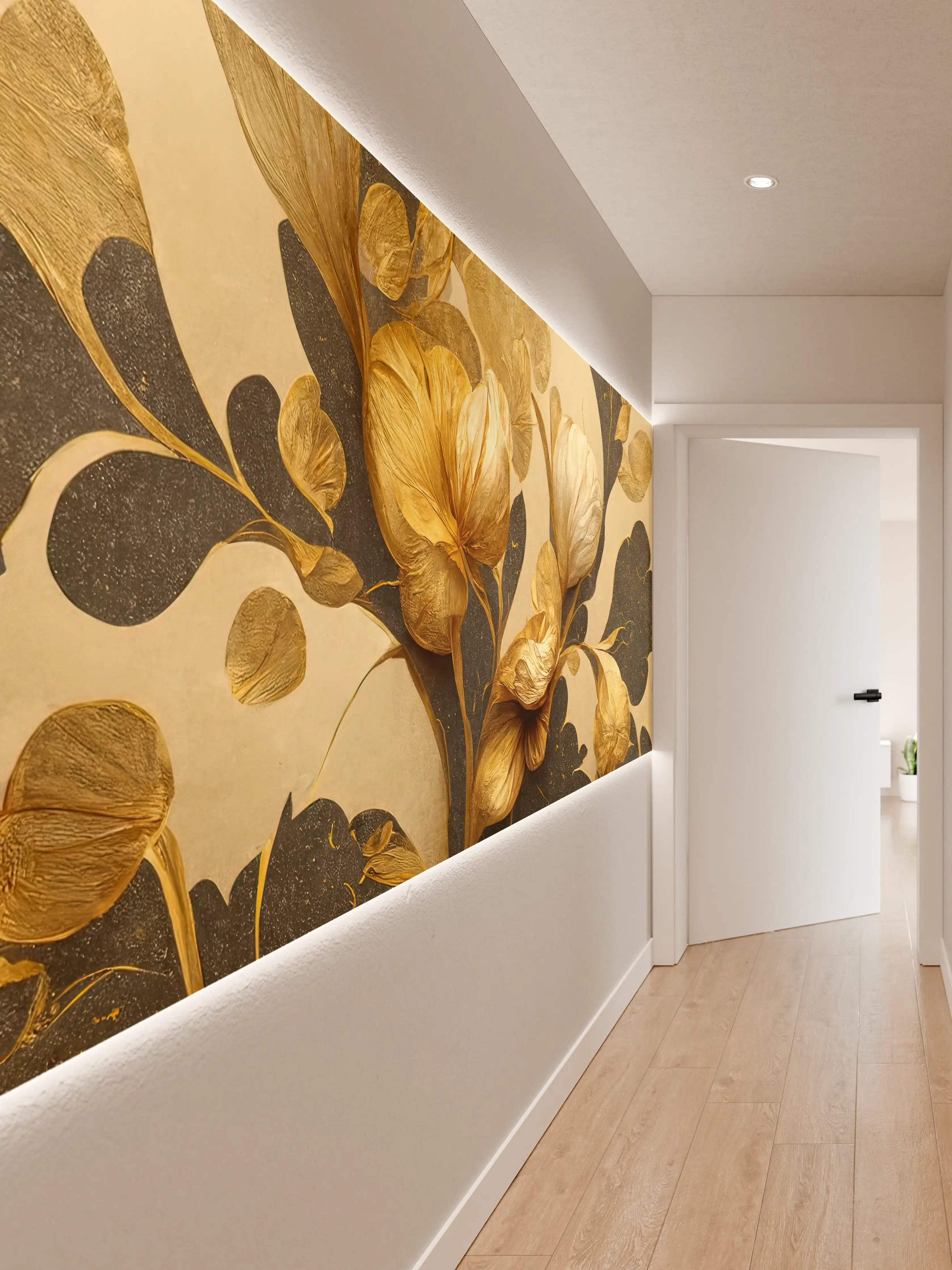 Wandverkleidung Flur - Elegante goldene Blätter und Blüten auf dunklem Hintergrund