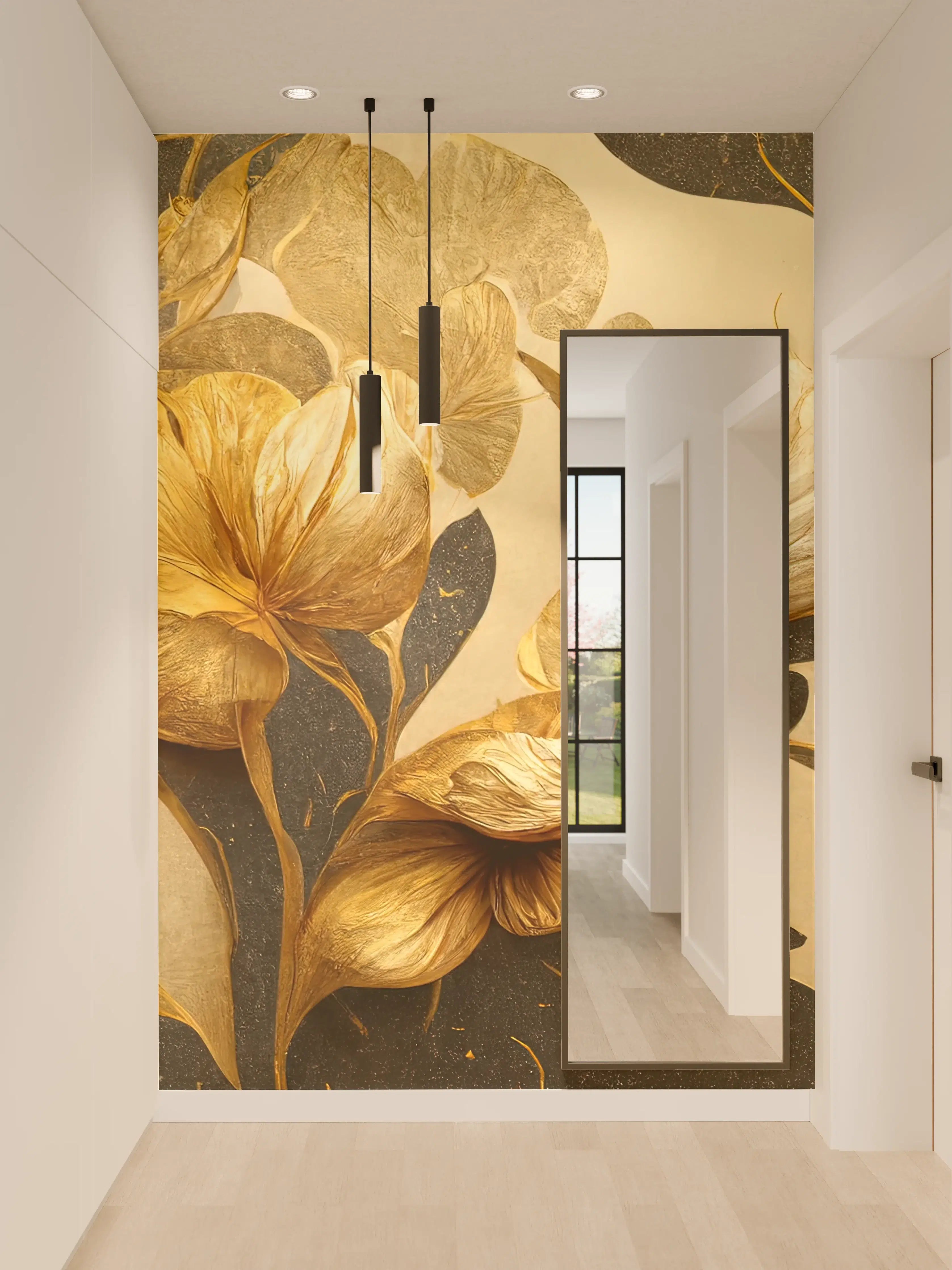 Wandverkleidung Flur - Elegante goldene Blätter und Blüten auf dunklem Hintergrund