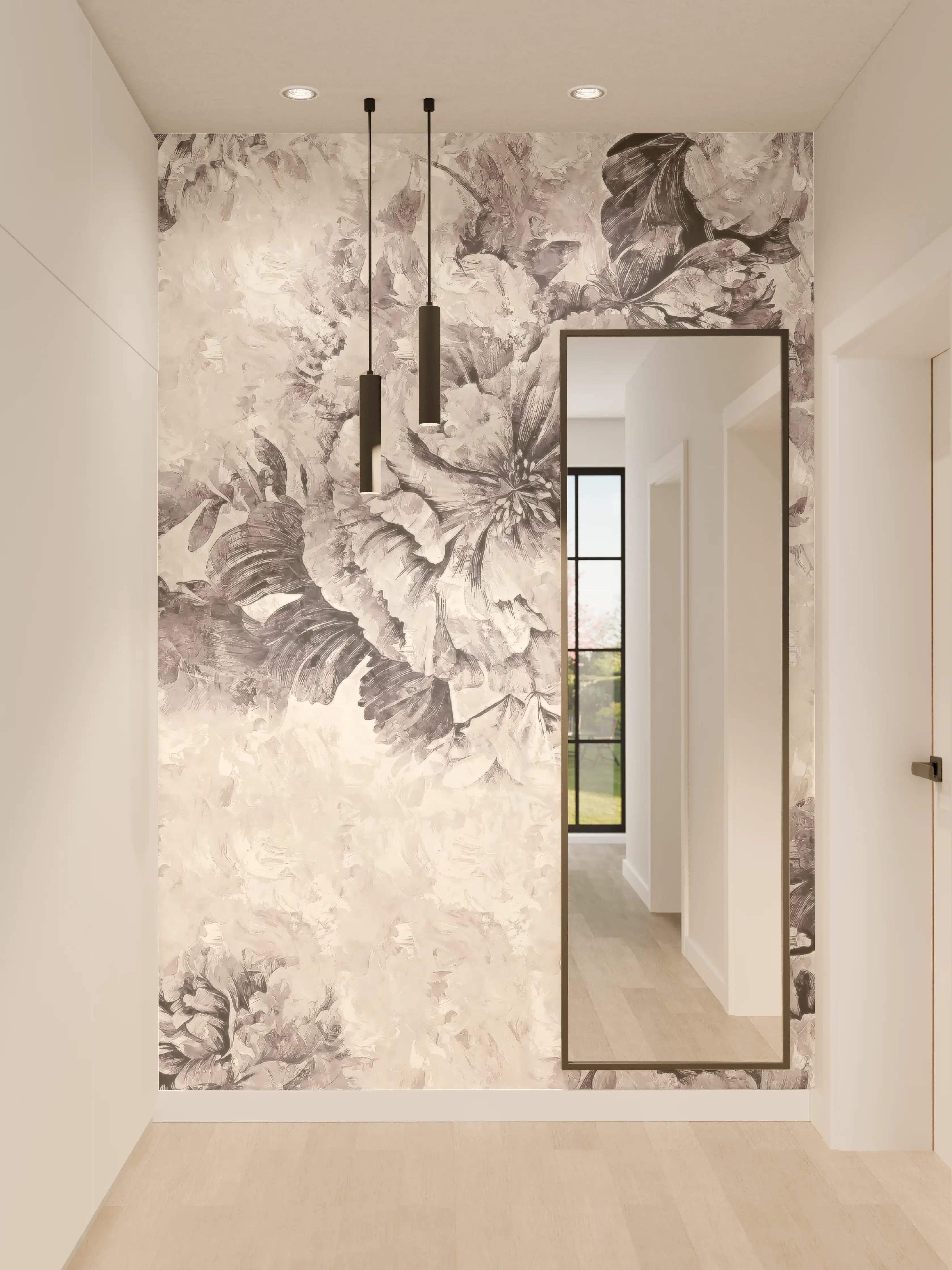Wandverkleidung Flur - Elegante monochrome Blumen-Illustration