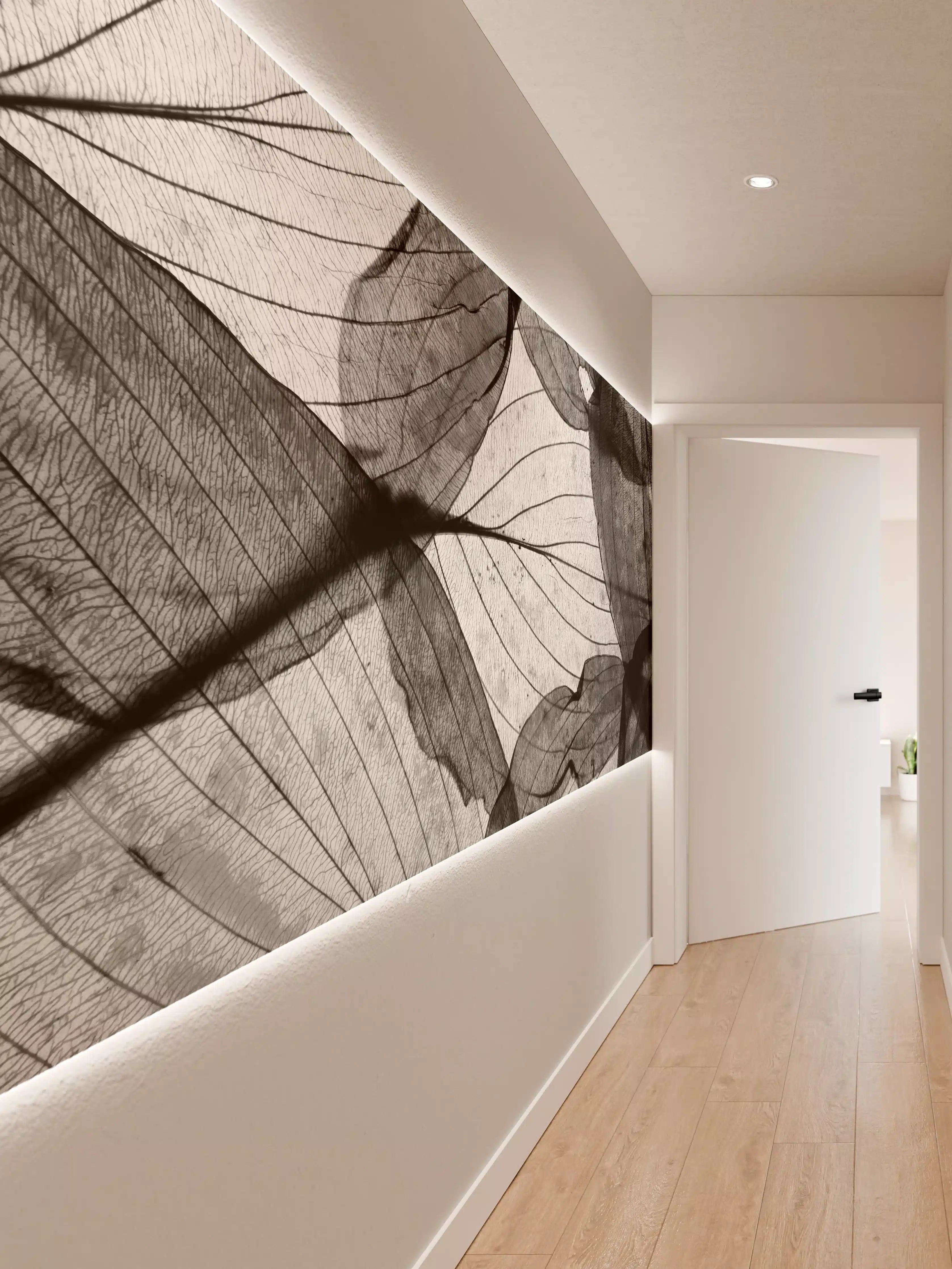 Wandverkleidung Flur - Elegante schwarze Blätter im Schwarzweiß-Design