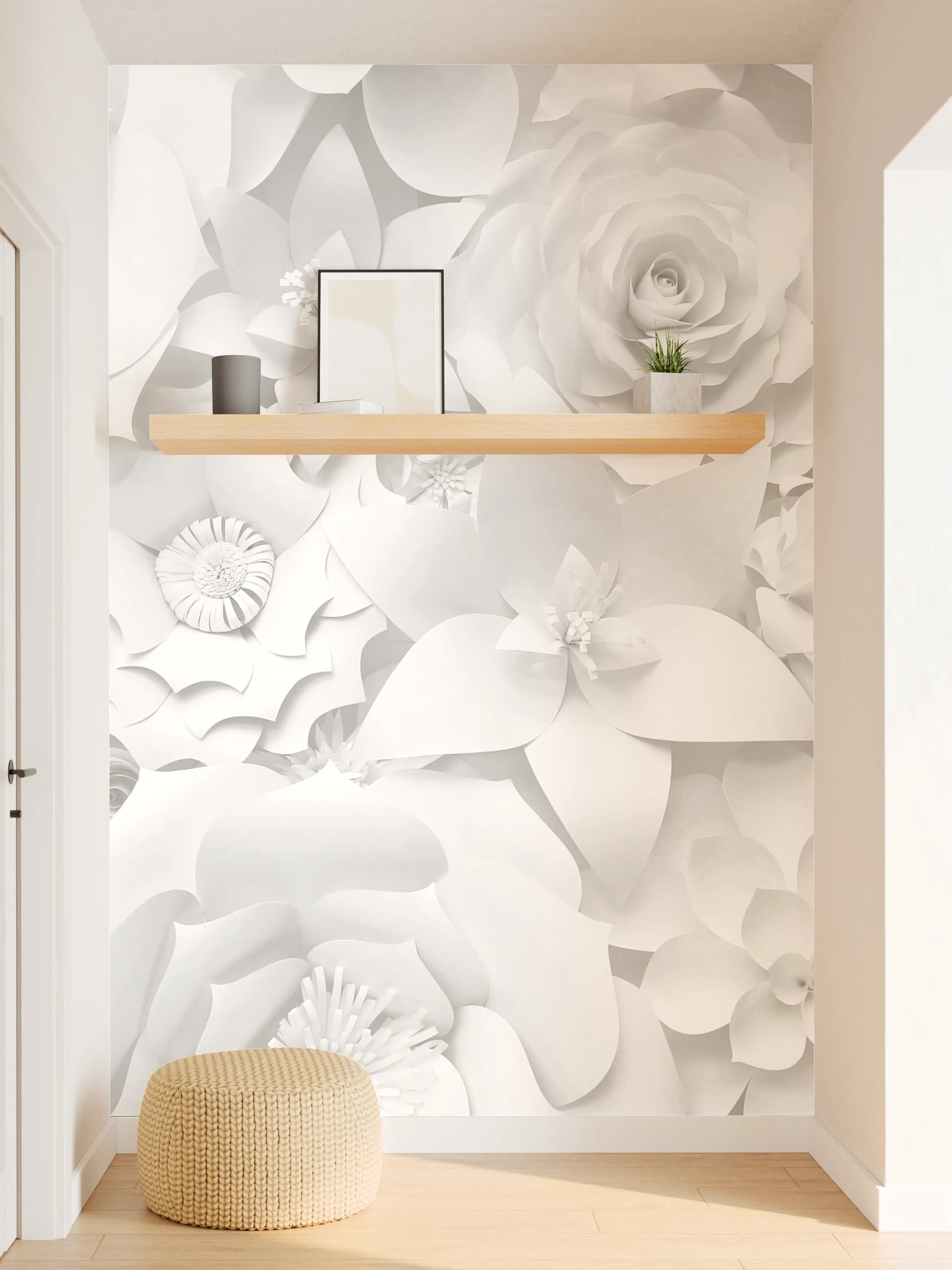 Wandverkleidung Flur - Elegante weiße Blumen in 3D-Optik