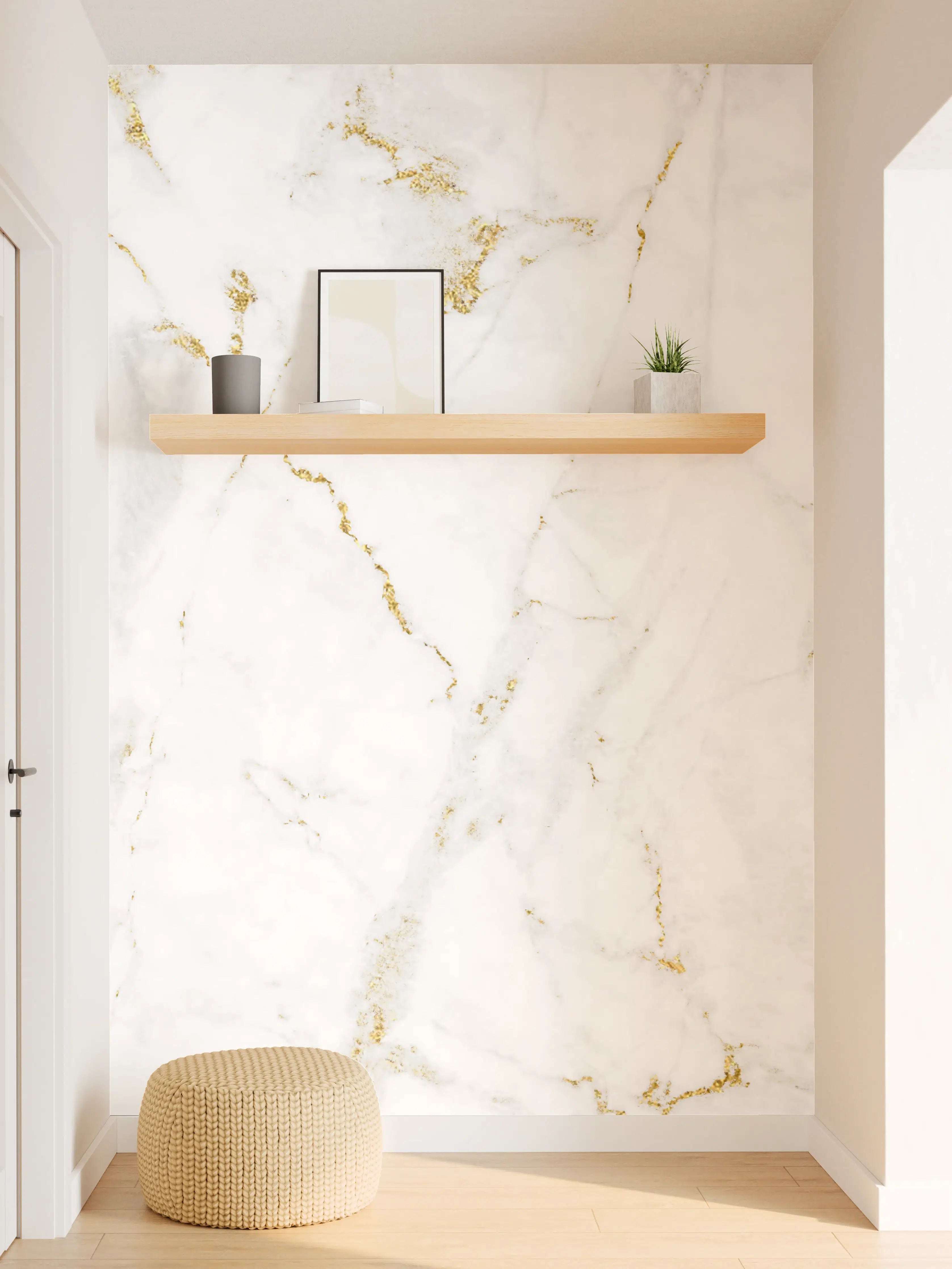Wandverkleidung Flur - Elegante weiße Marmor-Oberfläche mit Goldfasern
