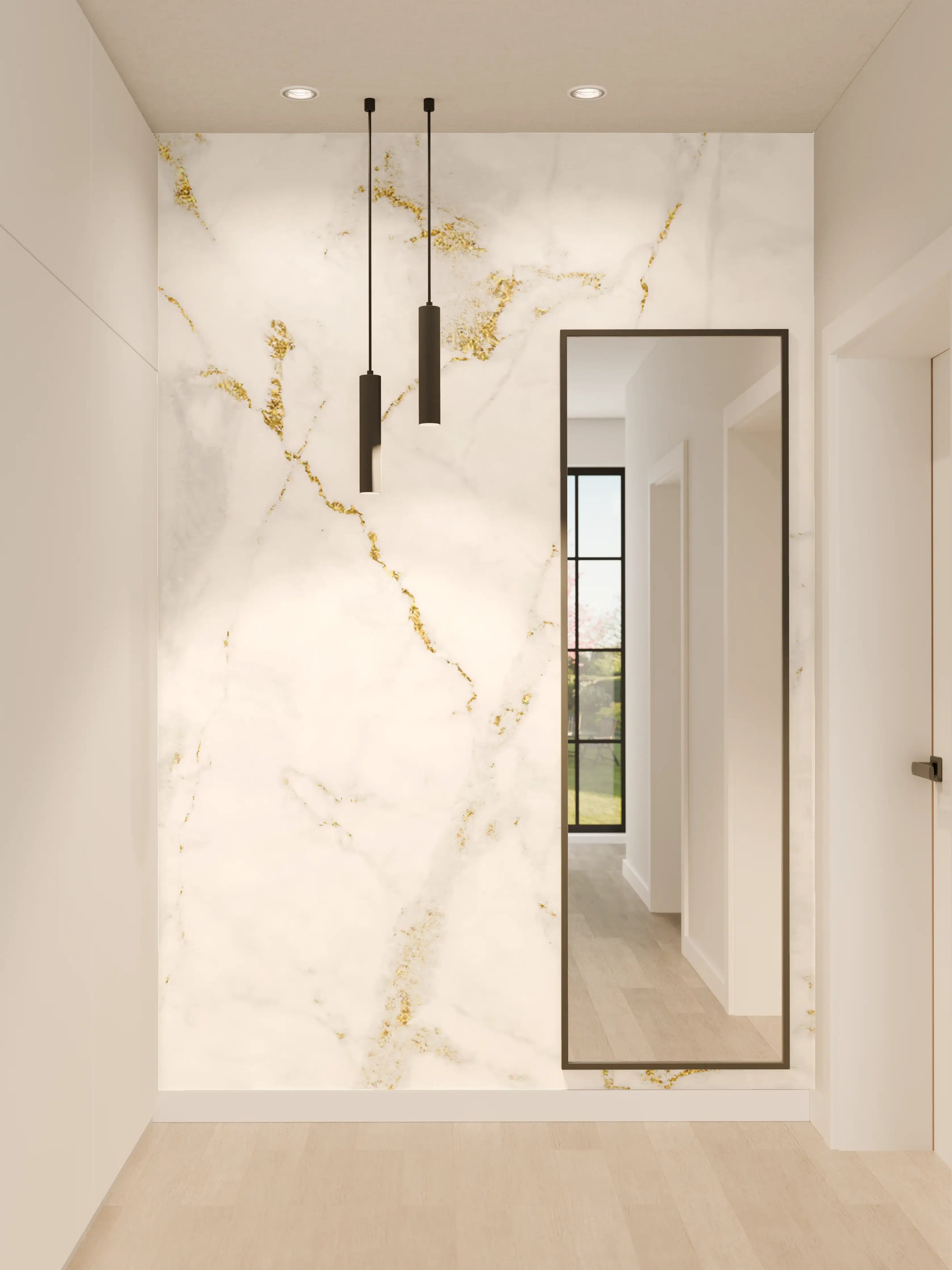 Wandverkleidung Flur - Elegante weiße Marmor-Oberfläche mit Goldfasern