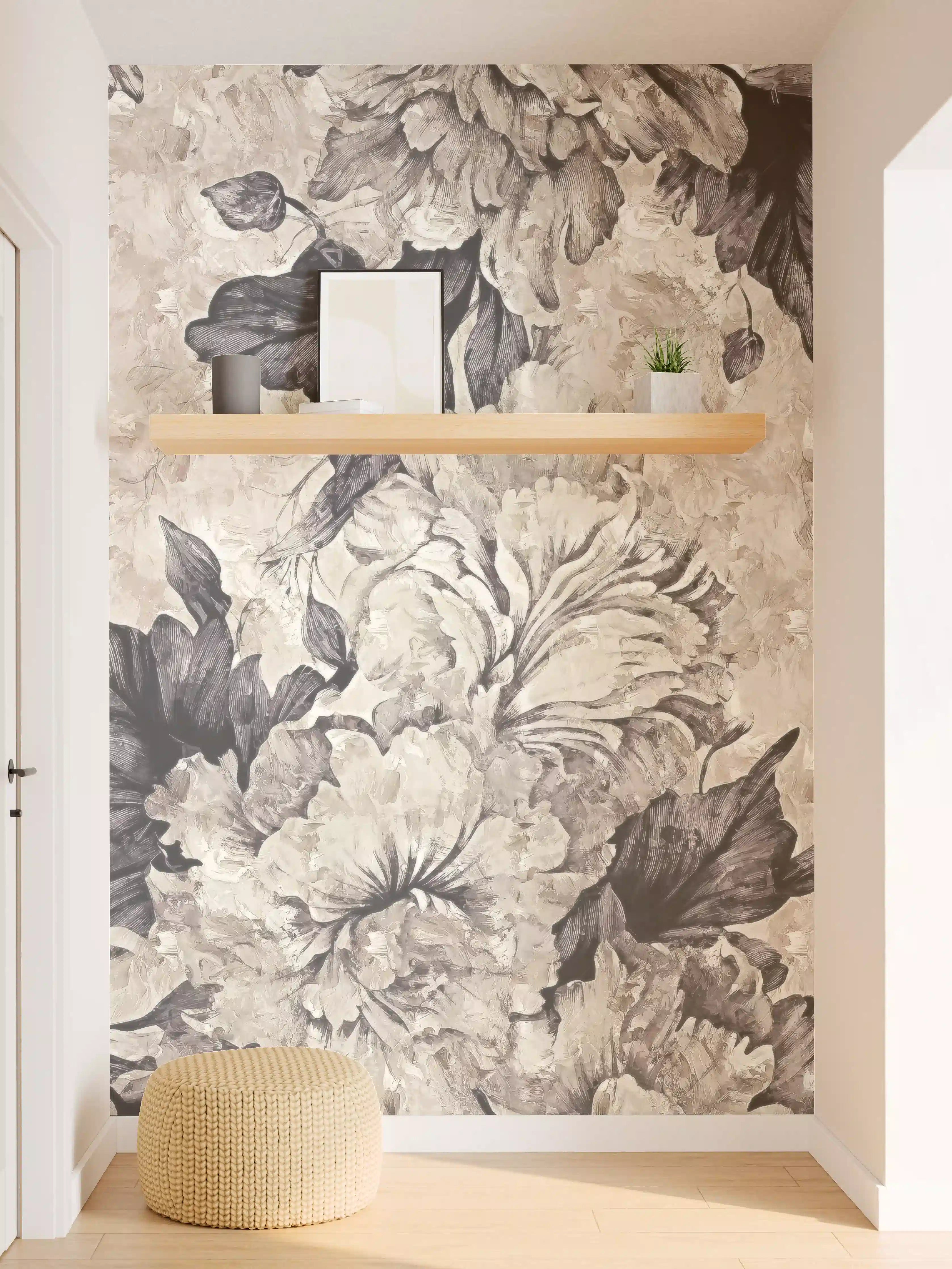 Wandverkleidung Flur - Eleganter Blumenmuster-Teppich in neutralen Tönen